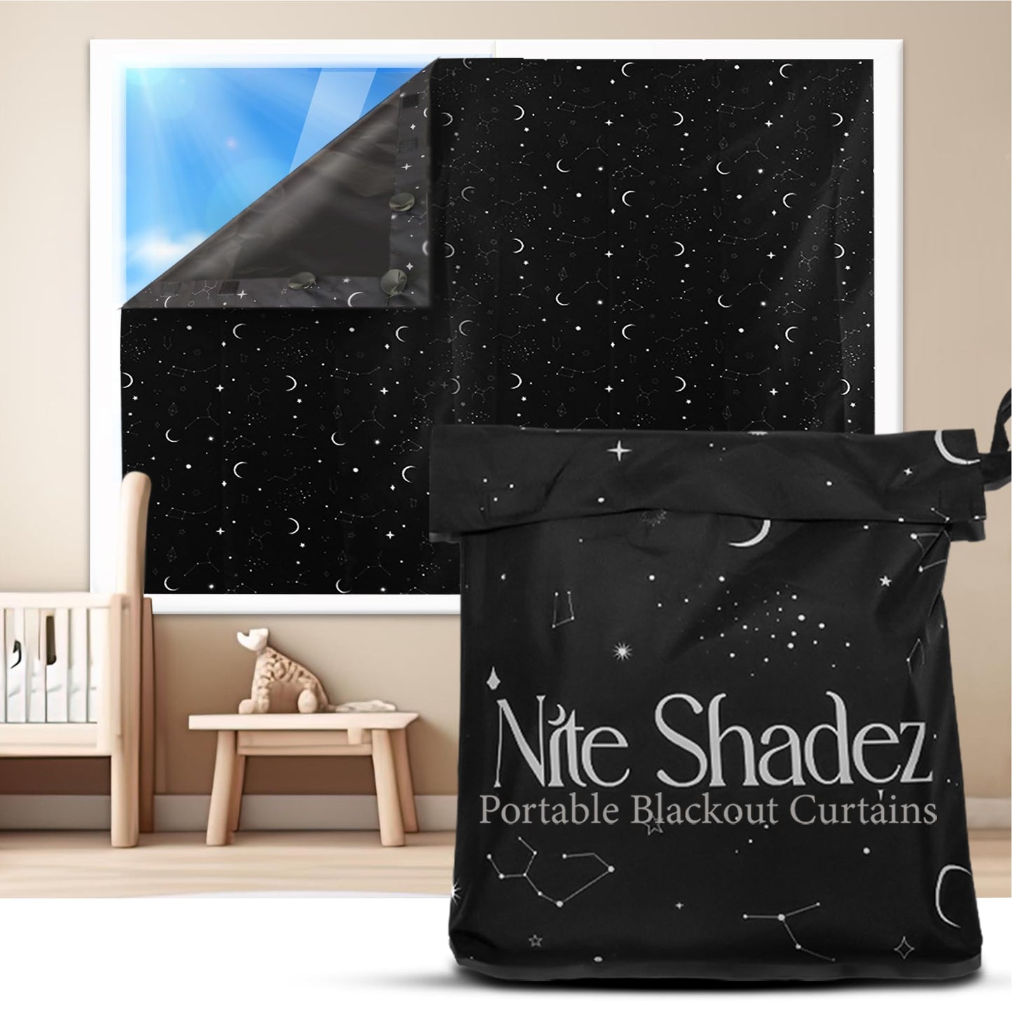 Portable Blackout Curtains (60" x 80") - Travel Blackout Curtains for Baby Nursery w/Stars - Portable Blackout Shades w/UV & Thermal Protection - 20 Stick on Suctions & Velcro Blackout Window Cover