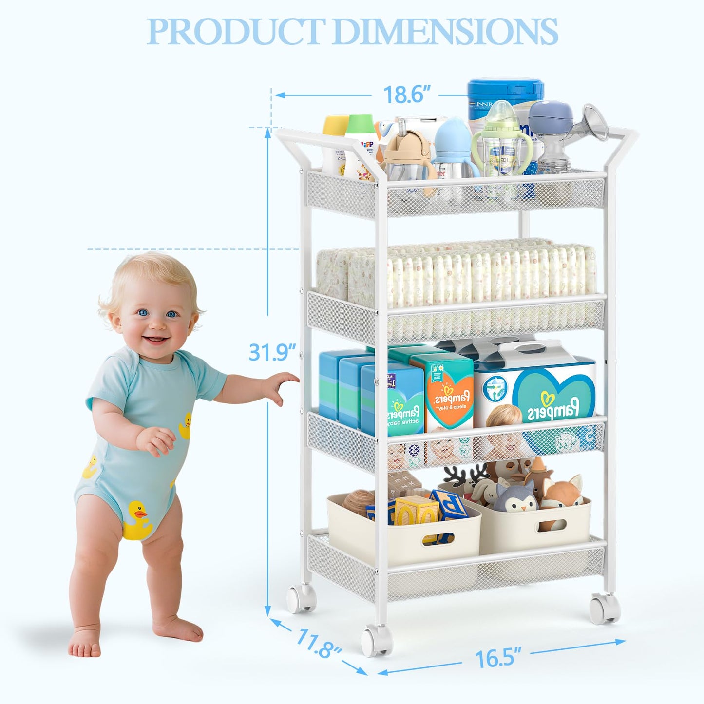 Baby Diaper Caddy Cart, 4-Tier Diaper Caddy Organizer and Storage, Rolling Utility Cart for Baby Supplies, Diaper Cart with Wheels for Bedroom, Nursery, Changing Table, White