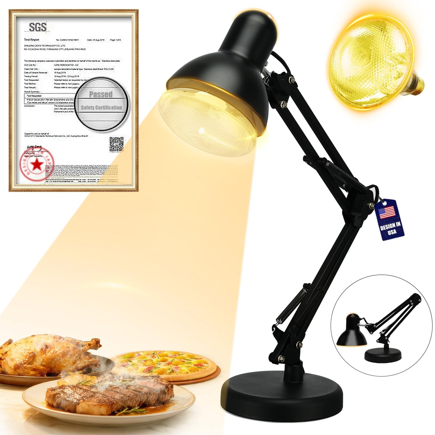 Portable Food Heat Lamp - [Foldable Design] [3S Quickly Heating] Food Warmer Light, Commercial Heat Lamp for Food, Catering Warming Lamp for Parties, Buffet, Pizza, Chocolate (Black)