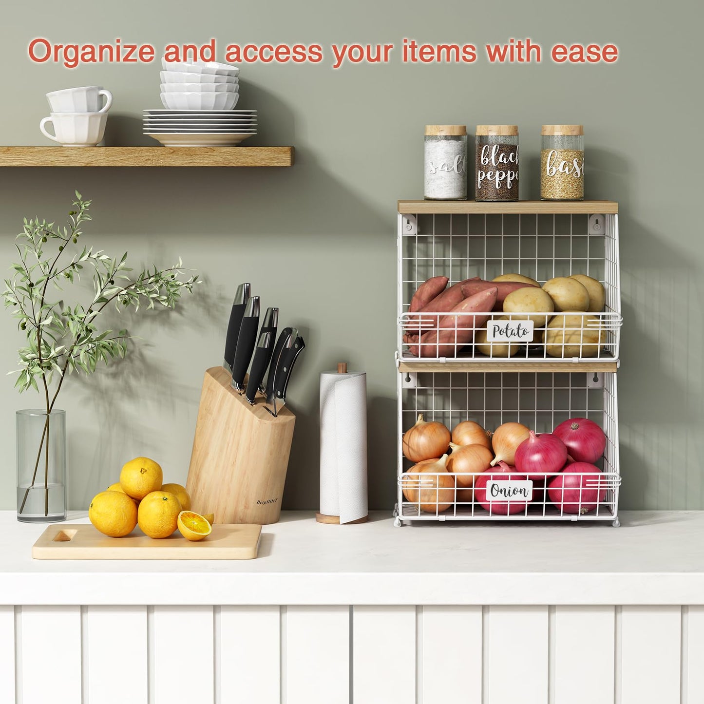 Goozii White Fruit Storage Basket for Kitchen Counter Set of 2, Wall Mount Wire Fruit Basket with Shelf with Banana Hanger, Hanging Countertop Organizer for Bathroom Pantry Cabinet, White + Natural
