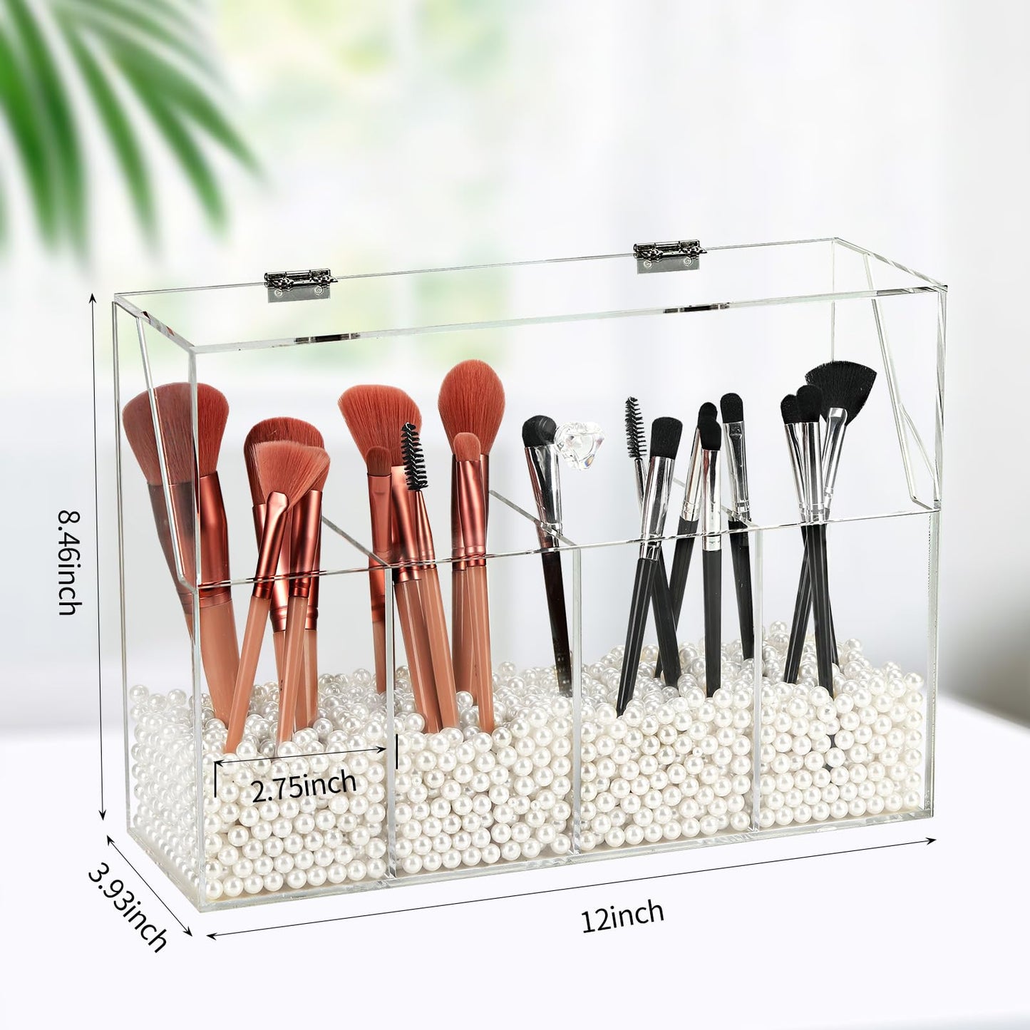 Vevitts Acrylic Makeup Organizer, Clear Cosmetic Brush Storage Box With 4 Brush Holders,Makeup Brush Holder with Dust Cover, Large-capacity Split Design Can Quickly Organize the Desktop（No pearls）