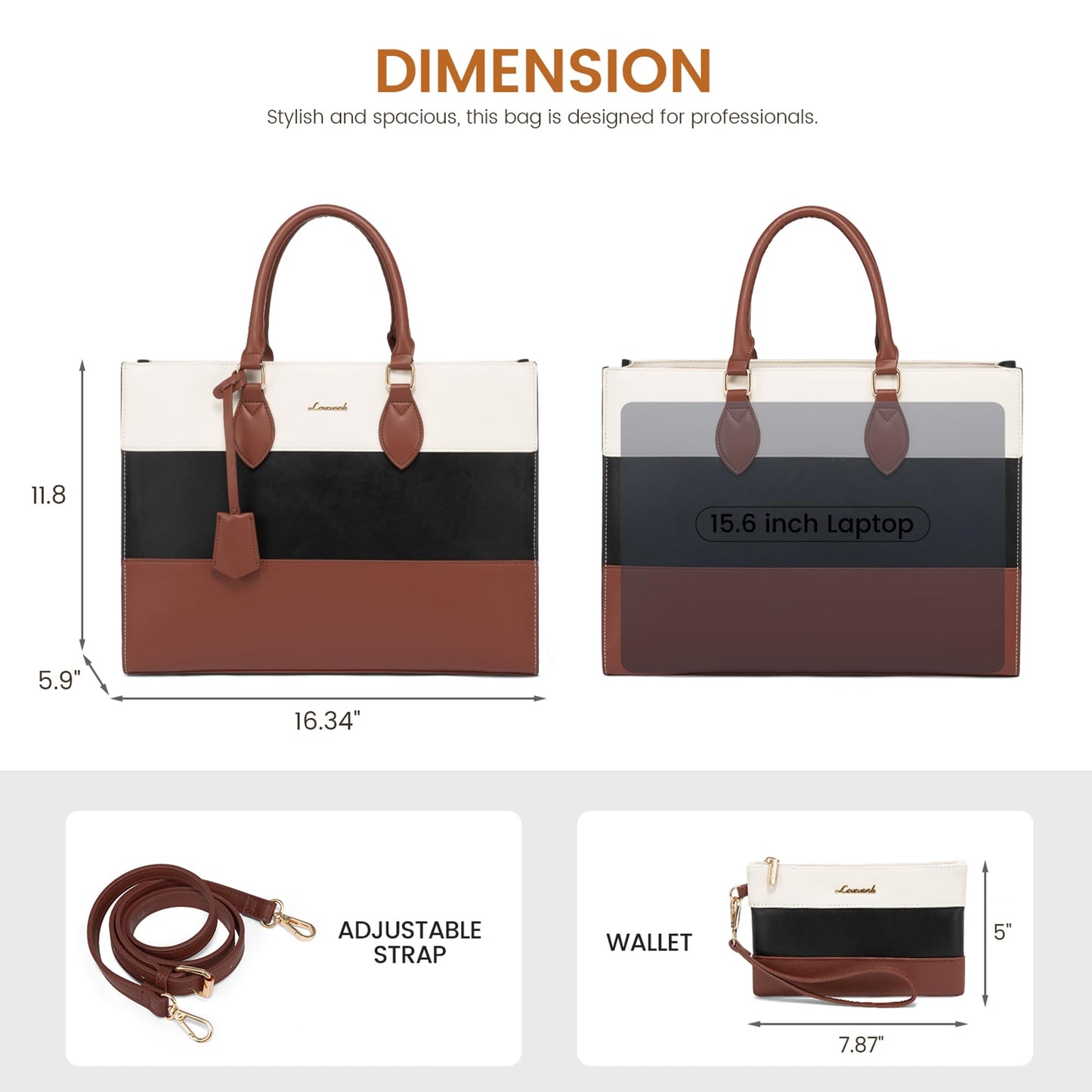 LOVEVOOK Laptop Bag for Women 15.6 Inch Waterproof Teacher Work Tote Bag Professional Office Business Computer Briefcase with Clutch Purse Large Capacity Shoulder Messenger Bag, Brown/Black/White
