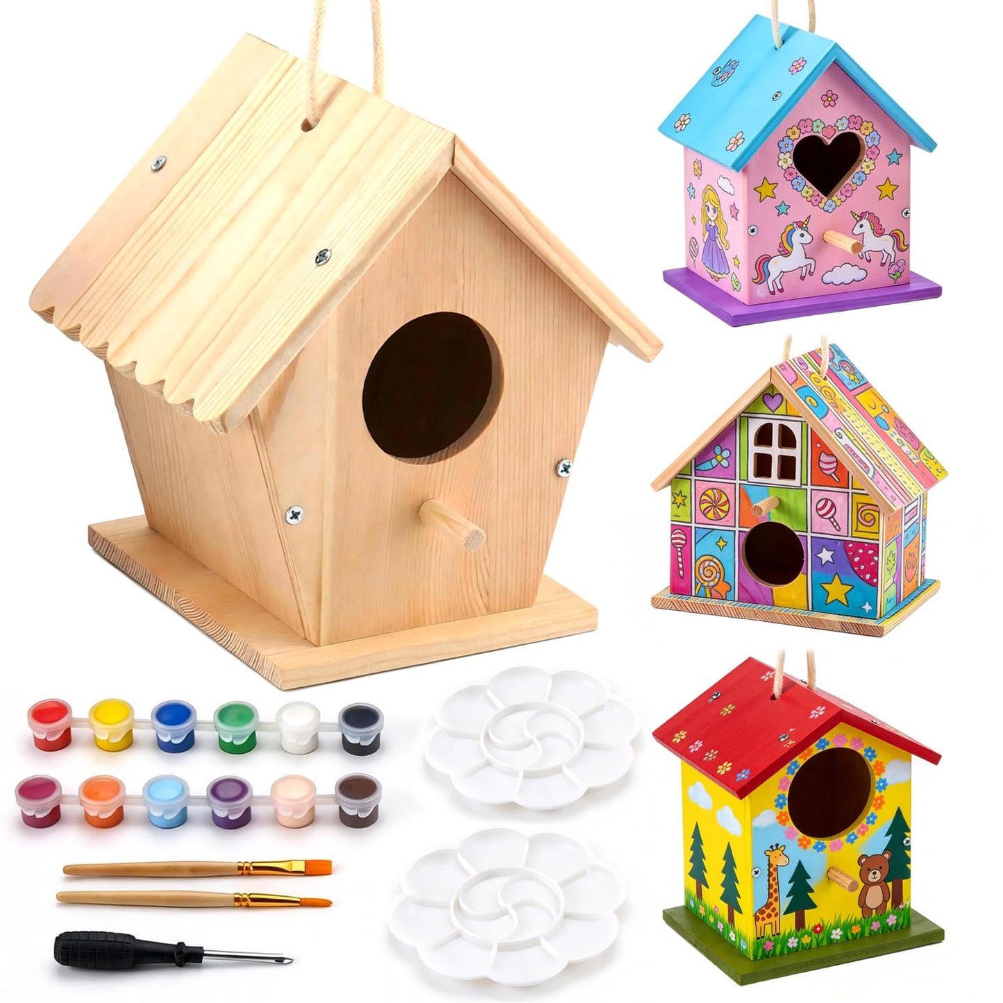 AluAbi 4 Pack DIY Bird House Kit, Thickened Wooden Birdhouse Crafts for Kids with Paints Brushes Screwdriver, DIY Arts and Crafts for Children, DIY Birdhouse Set for Halloween Christmas Birthday