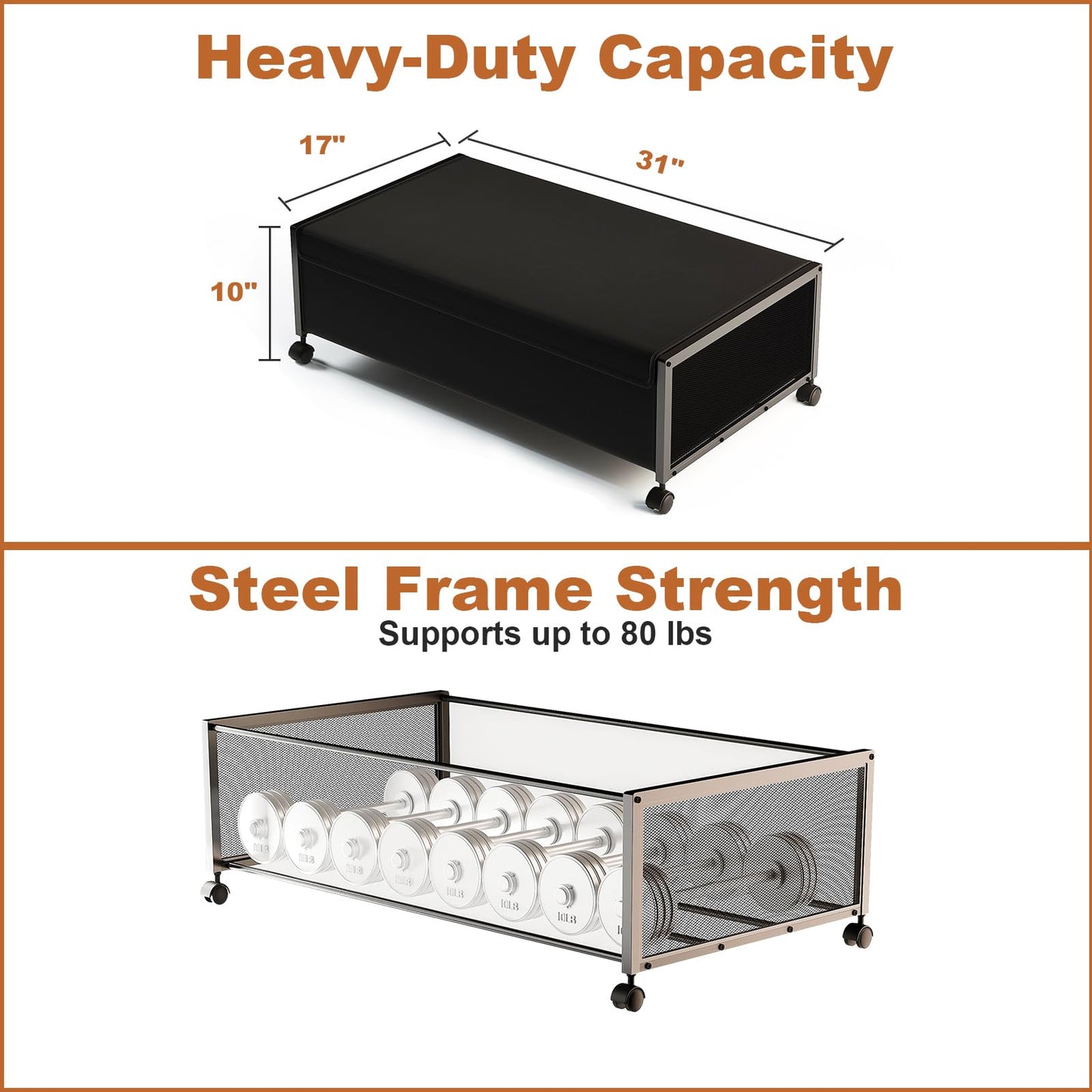 2 Pack Under the Bed Storage Containers,10 inch Height Under Bed Shoe Storage,31inch Long Underbed Storage with Wheels,Large Rolling under bed Clothes Storage Drawers with Lid for Dorm Tall ,Black