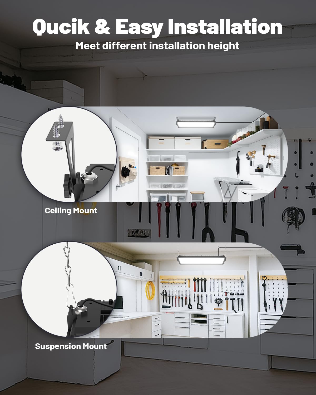 AGranTOP 2 Pack Linkable LED Shop Light (Built-in Outlet) - 100W 15000LM Aluminum Plug in Garage Light w/ 9.84ft Power Cord and On/Off Switch, 6000K Shop Lights for Garage, Workshop
