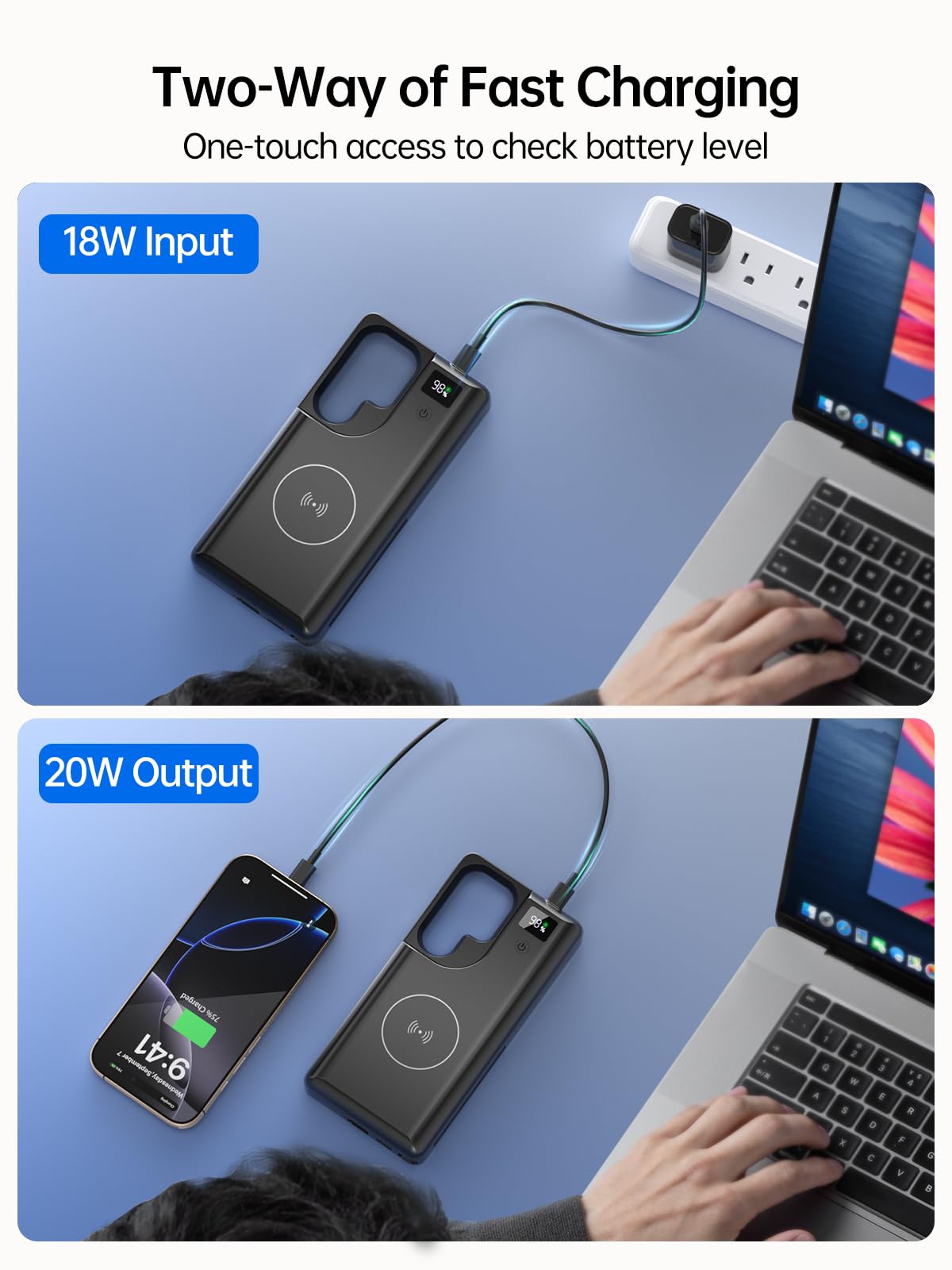 NEWDERY for Samsung Galaxy S25 Ultra Battery Case 6.9",10000mAh Portable Power Bank with LED Display, Qi Wireless Charger & 20W USB C Fast Charging, Sync-Data Supported Black