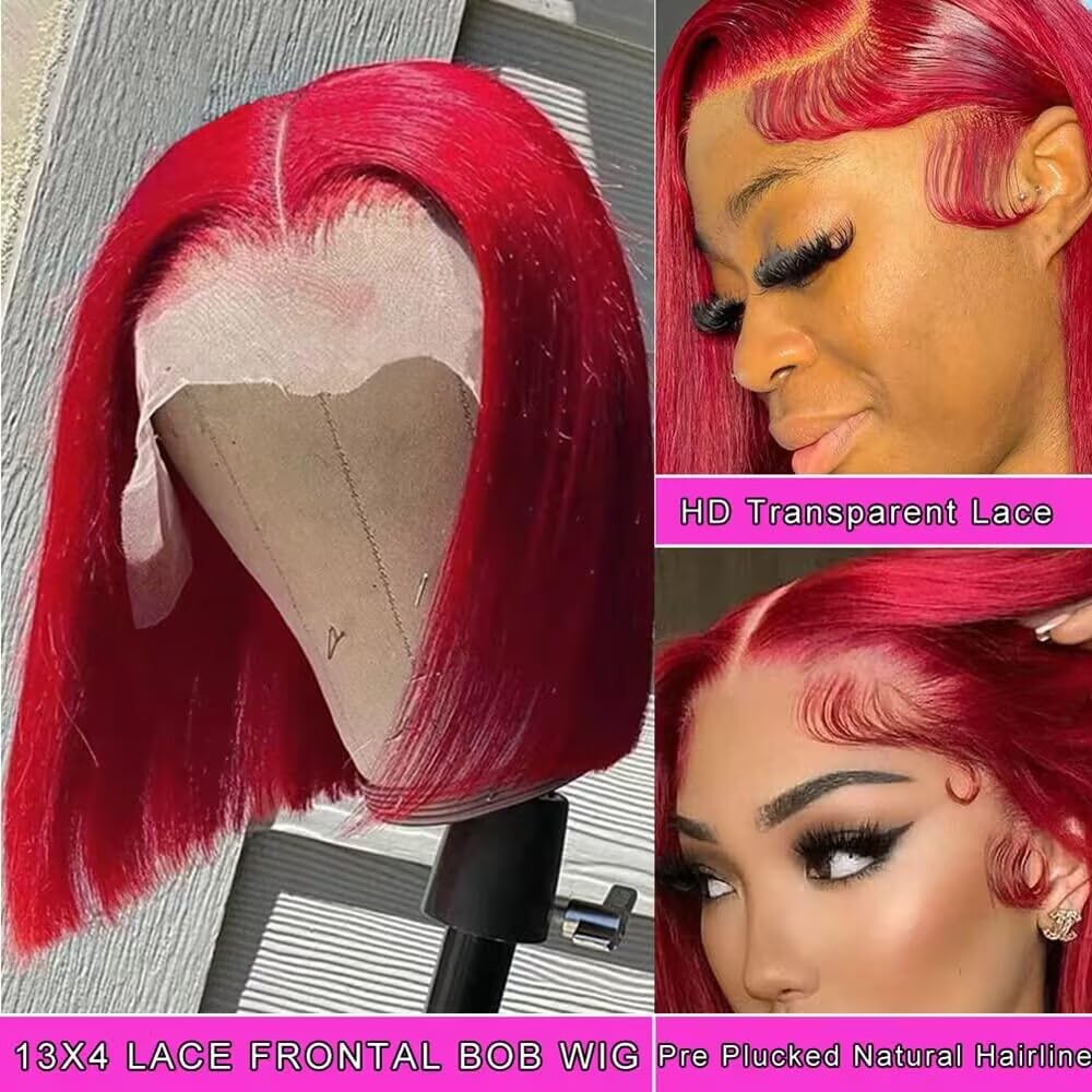 Pre Plucked 13X4 Straight Red Bob Wig Human Hair Lace Front Wigs With Baby Hair Natural Hairline Glueless Wigs Human Hair Pre Cut Bob HD Transparent Lace Frontal Blunt Cut Red Bob Wigs For Black Women