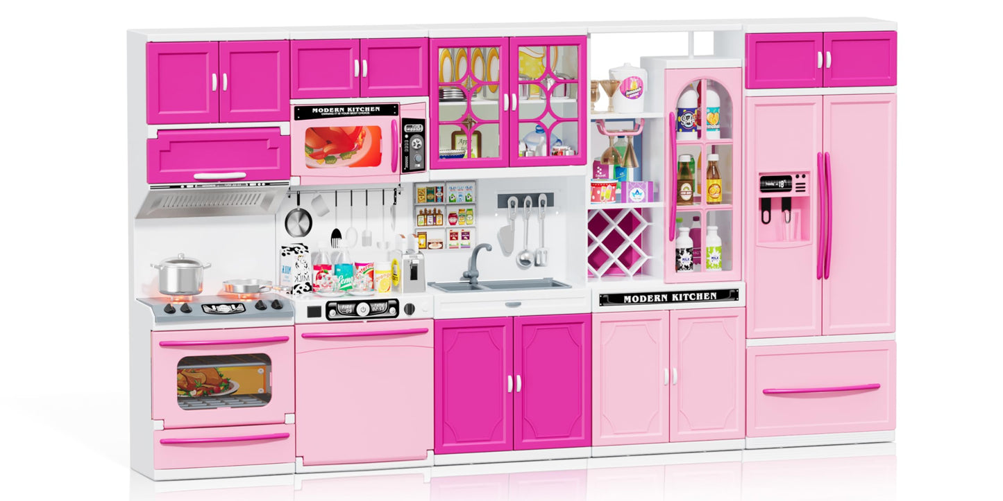 Wee Wonders 57 PCS Kitchen Playset for Girls, 5-in-1 Toddler Mini Kitchen with Realistic Lights & Sounds, Doll Kitchen House Toy, Mini Furniture Pretend Play Toys for Kids Age 3+, Pink