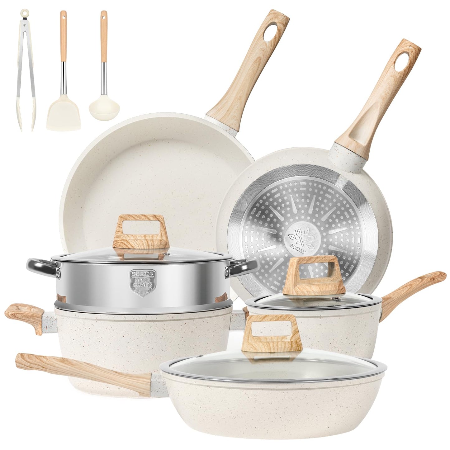 SODAY 12 Pcs Pots and Pans Set, Nonstick Cookware Sets White Granite Induction Cookware, Non-toxic Healthy Non Stick Kitchen Cooking Set with Frying Pans Set, Saucepans,Steamer (PFAS, PFOA, PFOS Free)