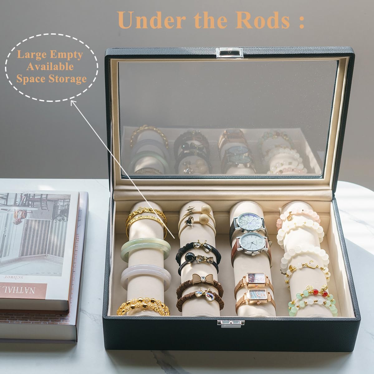 XHMQYC Bracelets Organizer Rods Bangles Display Holder, Clear See through Lid Leather Velvet Jewelry Storage Box Case for Women, 4 Rods Black Leather