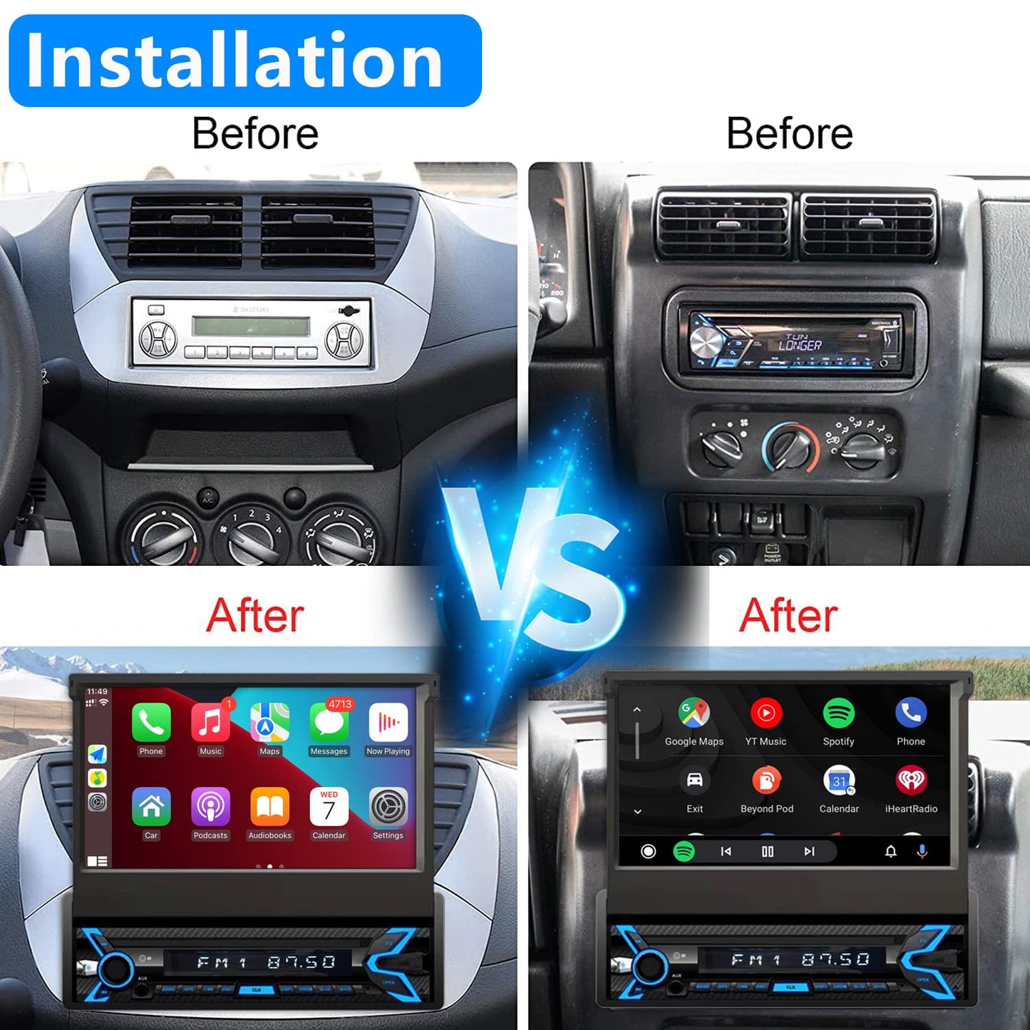 Naifay Single Din Car Stereo Compatible with Apple Carplay & Android Auto, 7inch Flip Out Touchscreen Car Radio with Bluetooth Foldable Car Audio Receivers, Mirror Link/Camera/FM/USB/AUX/TF/Subwoofer