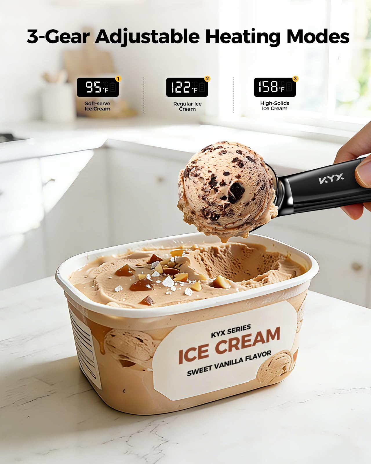 KYX Heated Ice Cream Scoop Rechargeable, Electric Ice Cream Scoop with 3-Level Heat 95-158°F, LED Display, IPX6 Waterproof, 3200mAh Battery, Easy Scoop for Hard Ice Cream, Gelato & Frozen Desserts
