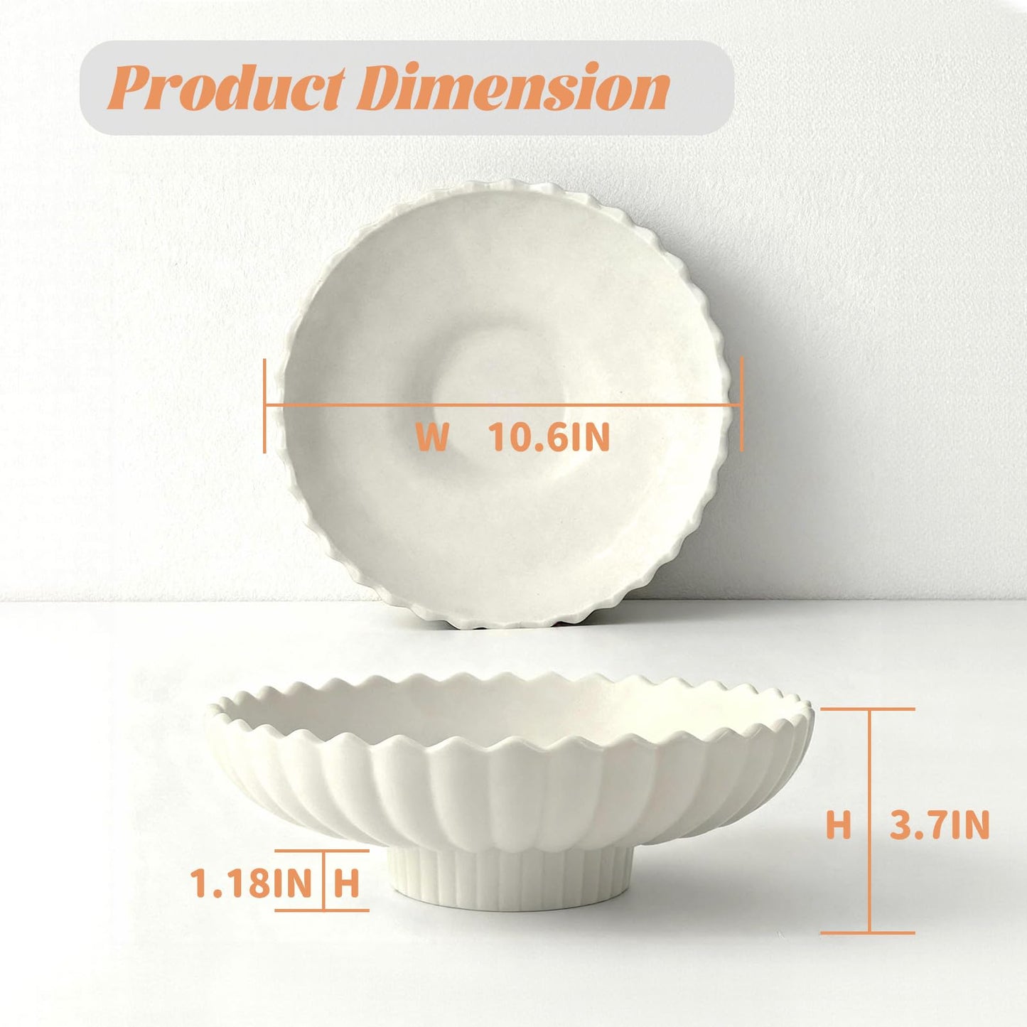 Yeatel Large Decorative Bowl, 10.6-Inch Handmade Modern Ceramic Centerpiece Bowl with Scalloped Edge, Perfect as Fruit Bowl, Key & Jewelry Catchall, Candy Bowl for Home, Kitchen, Entryway Table Decor
