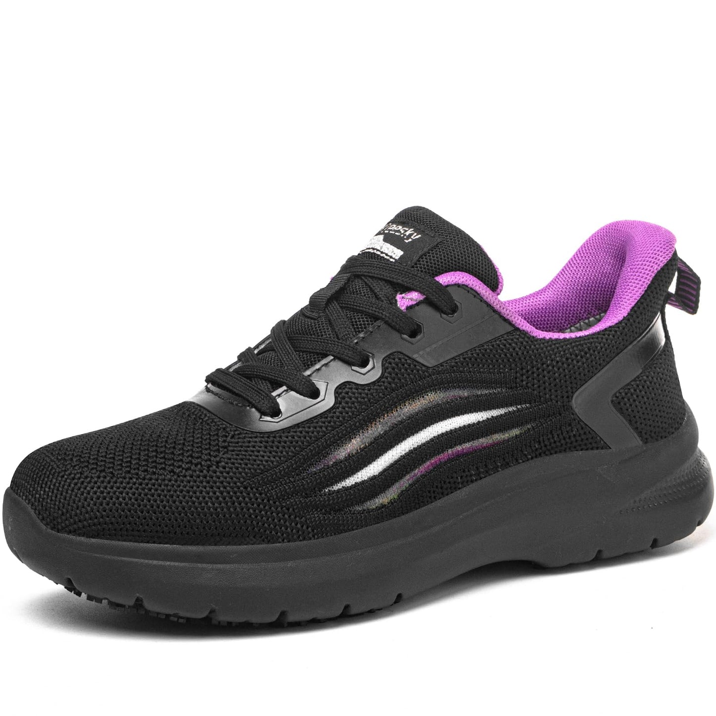 Treesky Non Slip Work Shoes for Women in Food Service - Slip Resistant, Comfortable & Lightweight Sneakers, Suitable for Restaurant, Kitchen & Nursing Crews (Black & Purple, Size 8)