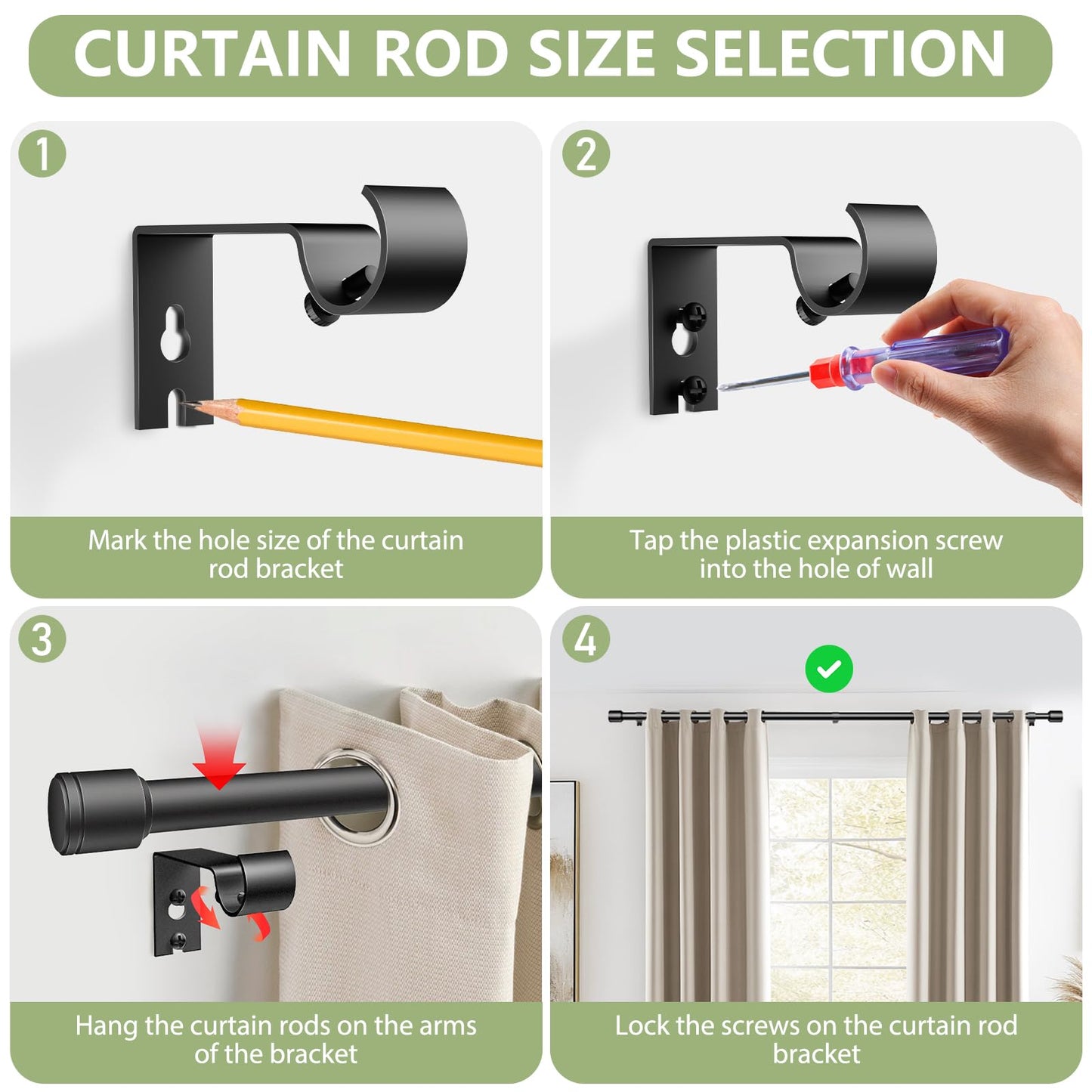 1” Diameter Curtain Rods 30-120 Inch, for 30-116 Inch Windows, Adjustable Splicing Black Rods for Windows with Brackets, Window Rod Long Heavy Duty Curtains Rod, 2 Pack