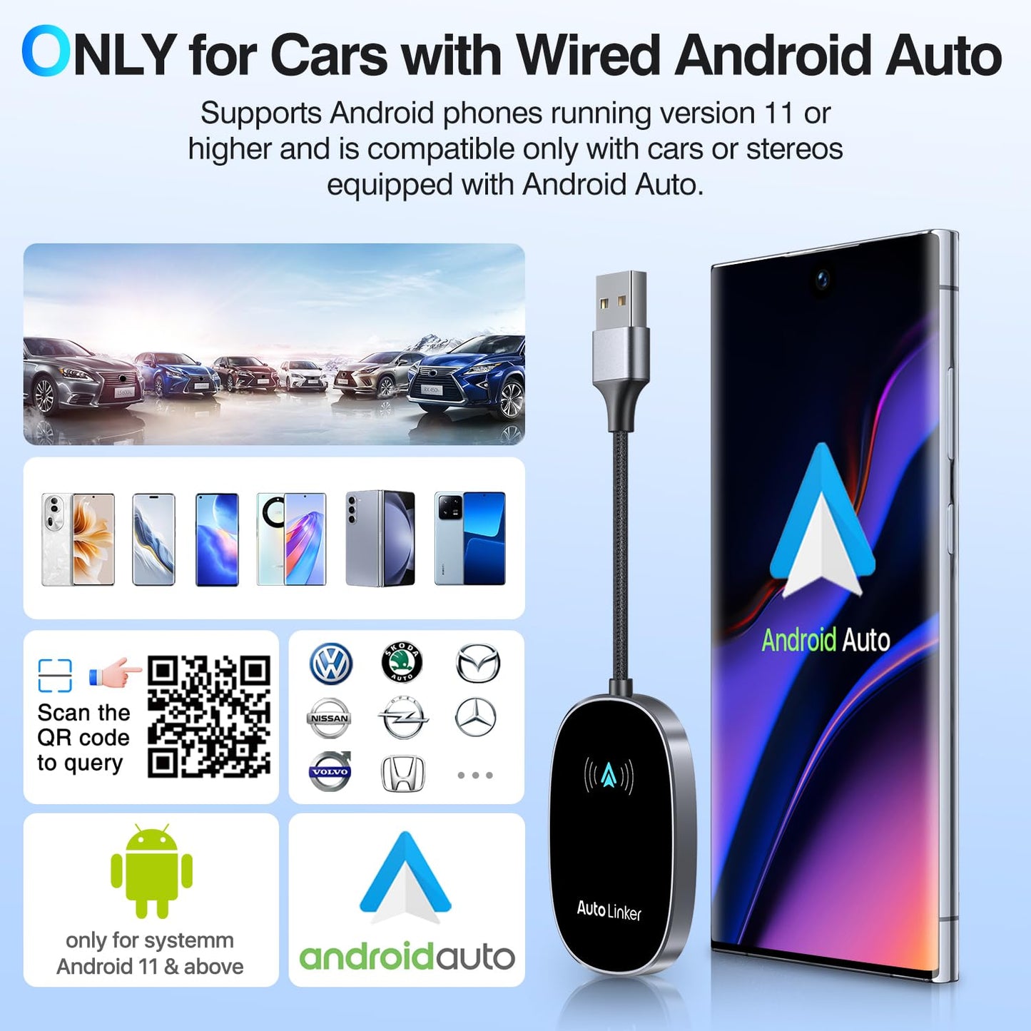 Android Auto Wireless Adapter for Cars with Built-in Wired Android Auto Easy Setup Support NFC Pair Fast Seamless Connection Stable Plug and Play Wireless Android Auto Car Adapter Dongle (Black)