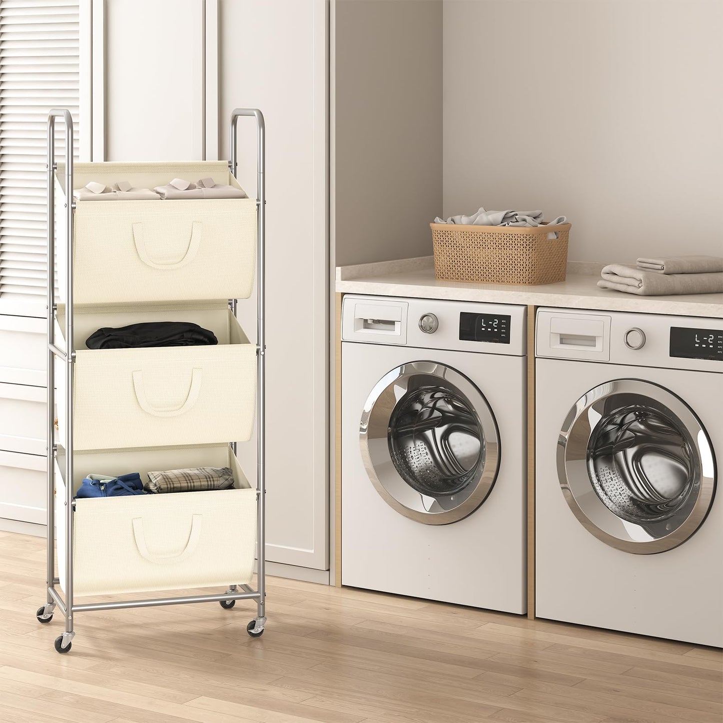 ELYKEN 120L Vertical Rolling Laundry Hamper with Removable Bags, 3 Section Laundry Baskets with Wheels, Space-Saving 3 Tier Laundry Sorter for Small Spaces, Dorm, Bedroom, Bathroom, Laundry Room