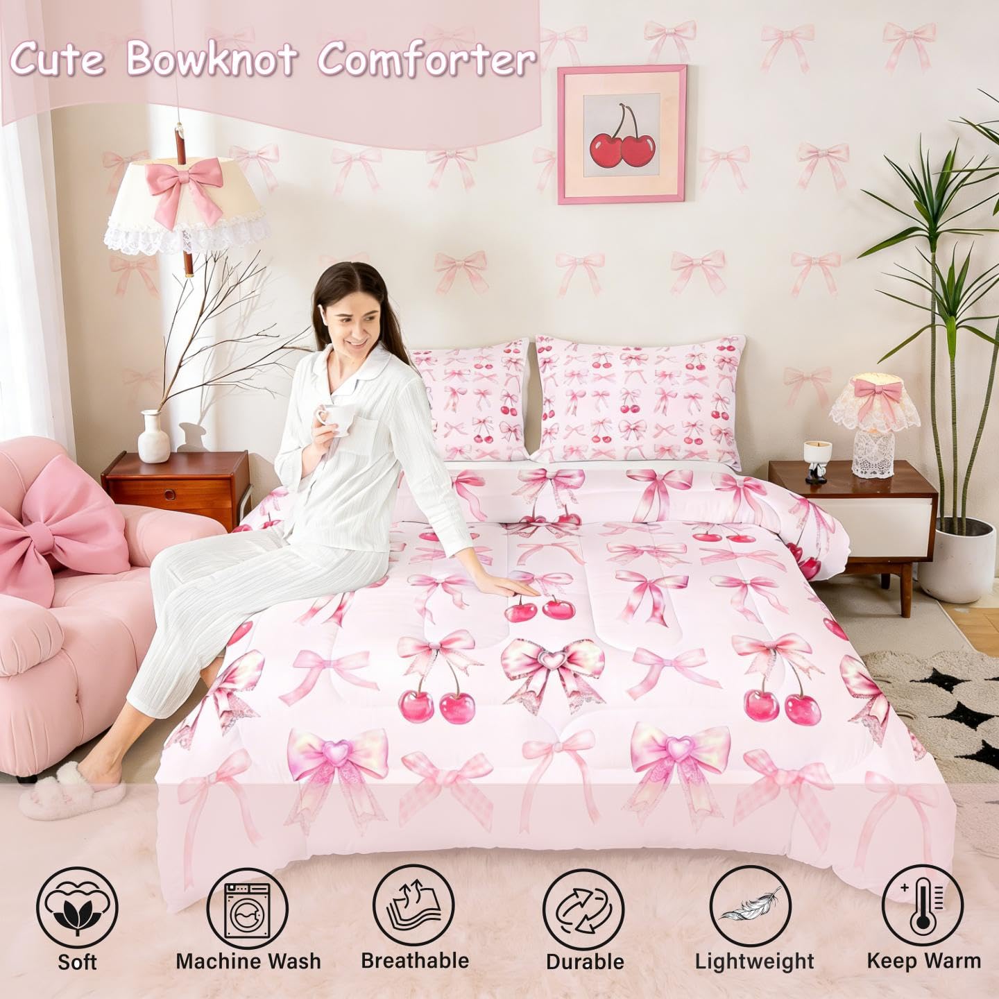 Pink Cherry Bow Twin Comforter Set for Girls 7 Piece Bed in a Bag,Cute Bowknot Reversible Twin Bedding Sets for Girls,Princess Bow Coquette Comforter and Sheet Set Girly Kawaii Room Decor Aesthetic