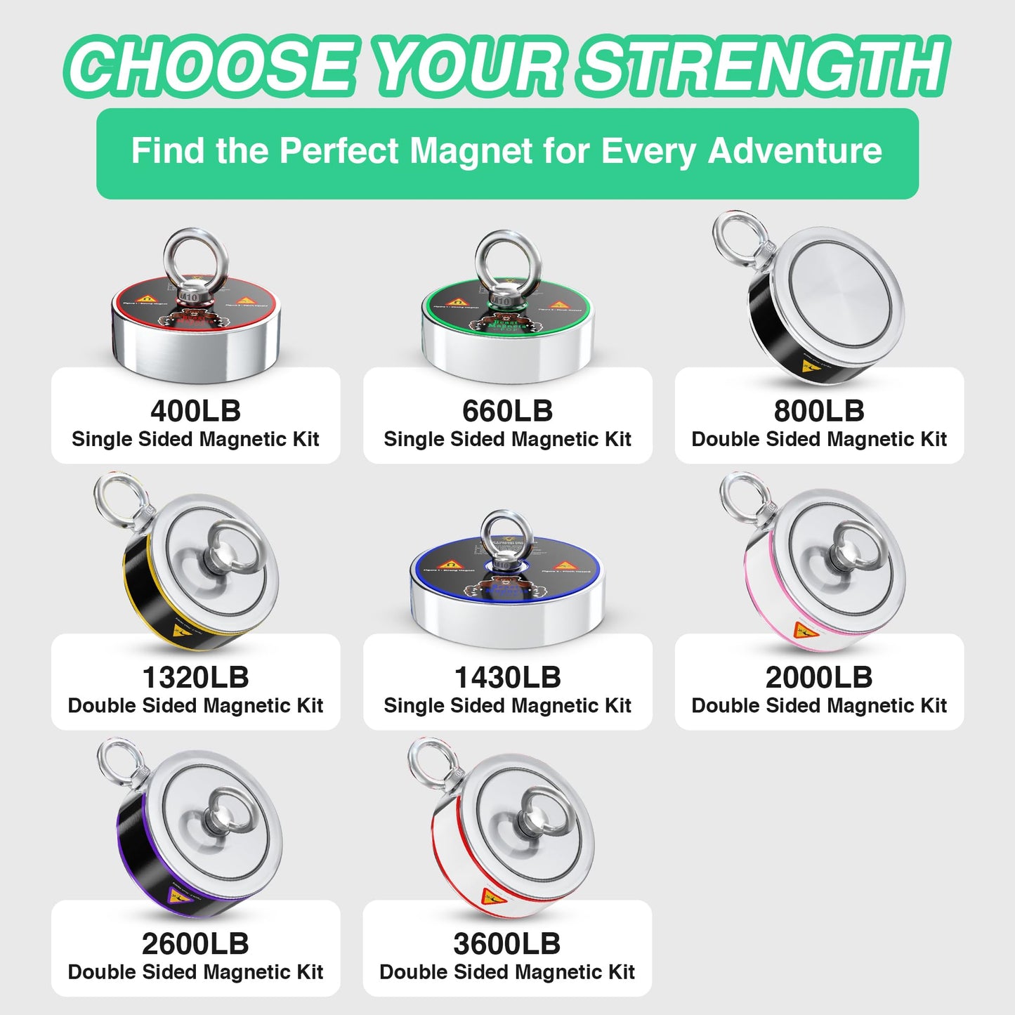 2000LB’s Complete Magnet Fishing Kit | Double Sided Fishing Magnet Kit with Case | Includes Strong Neodymium N52 Magnets, Durable 65ft Rope, Carabiner, Gloves, Grappling Hook & Carry Case