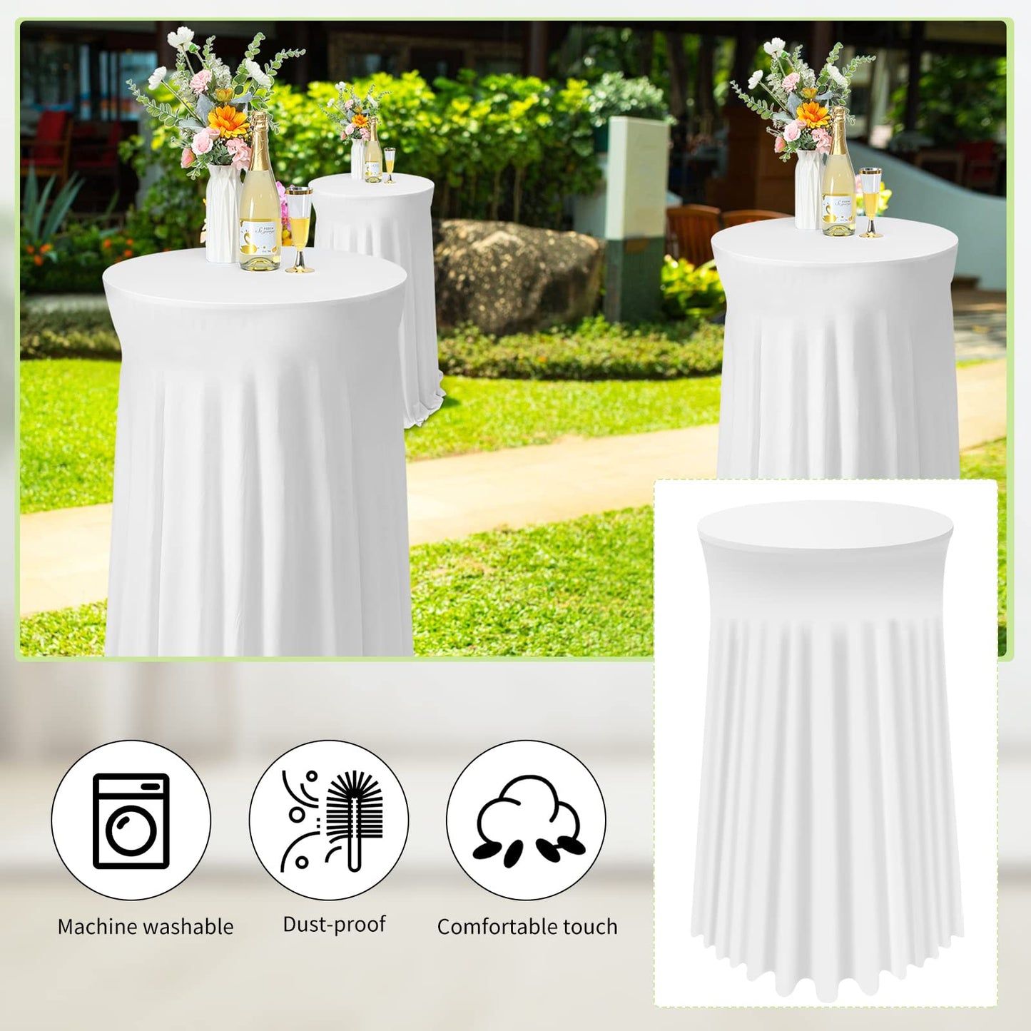 Tegeme 4 Packs Round Spandex Cocktail Tablecloths with Skirt 32 x 43 Inch Cocktail Round Table Cover Spandex Stretch Square Tablecloth Skirt for Table Bar Wedding Party Banquet (White)