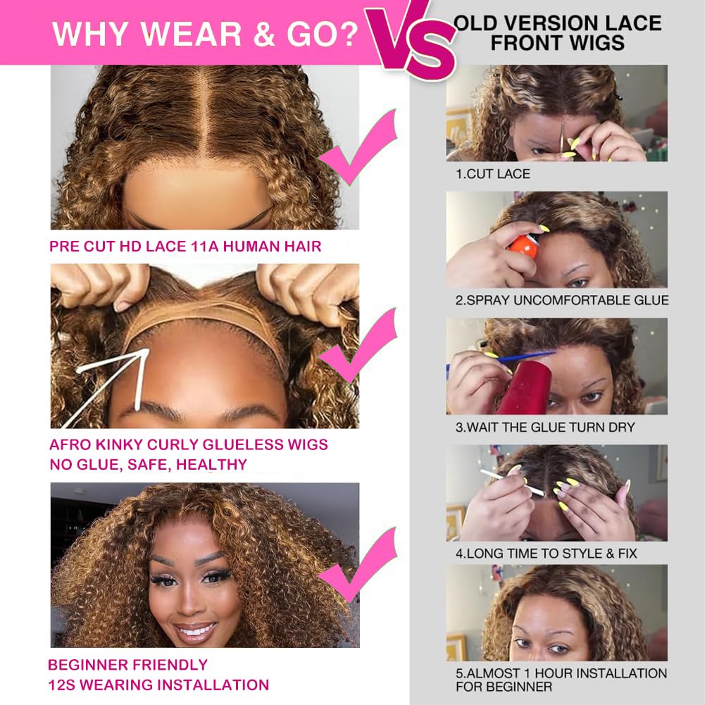 16 inch Wear and Go Glueless Wig Ombre Highlight 4/27 Afro Kinkycurly Wigs Pre Cut HD Lace Wig human hair Pre Plucked,Natural Hairline for Women 200% Density