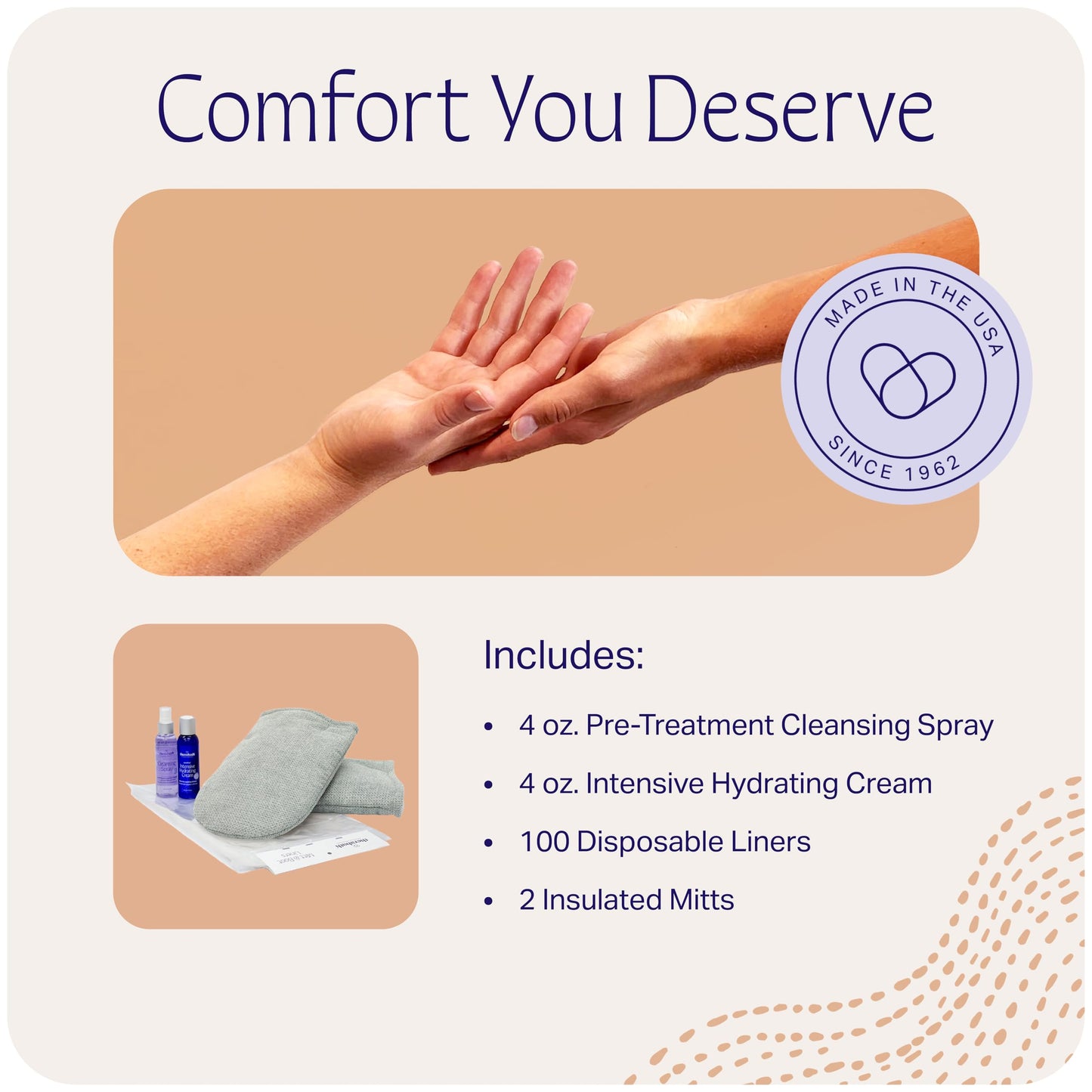 Therabath Hand ComforKit for Paraffin Wax Bath, Arthritis and Skin Therapy, Includes 2 Insulated Mitts, 100 Liners, 4 oz. Pre-Treatment Spray and Intensive Hydrating Cream, Home and Spa, Made in USA