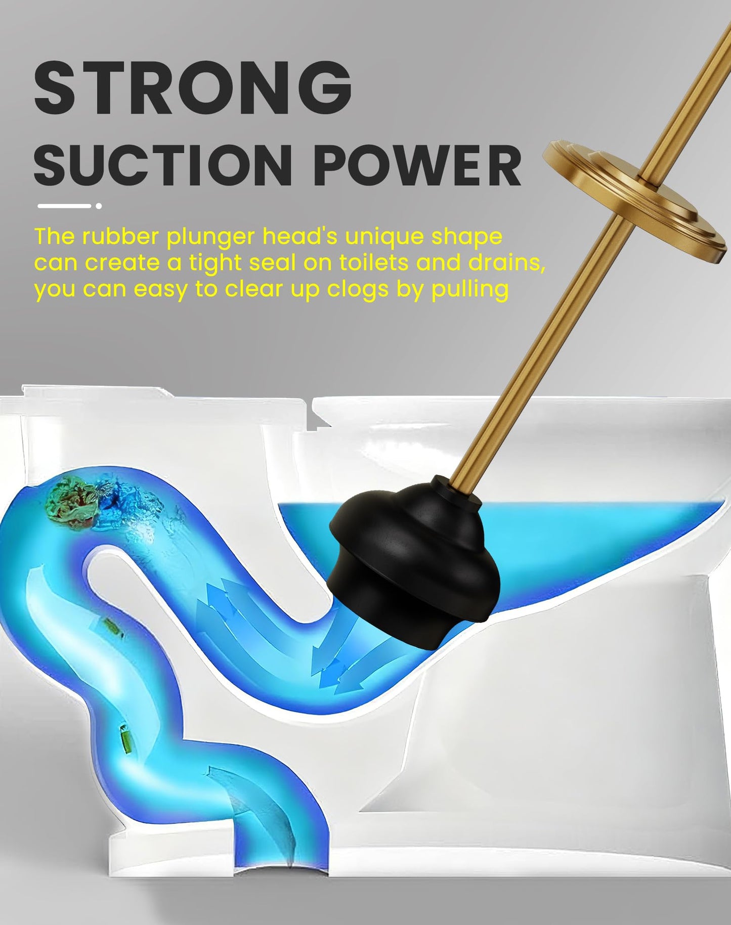 DOWRY Anti-Hand Off Toilet Plunger with Holder for Bathroom,Powerful Efficient Force Suction Cup,Heavy Duty, Deep Cleaning, Gold