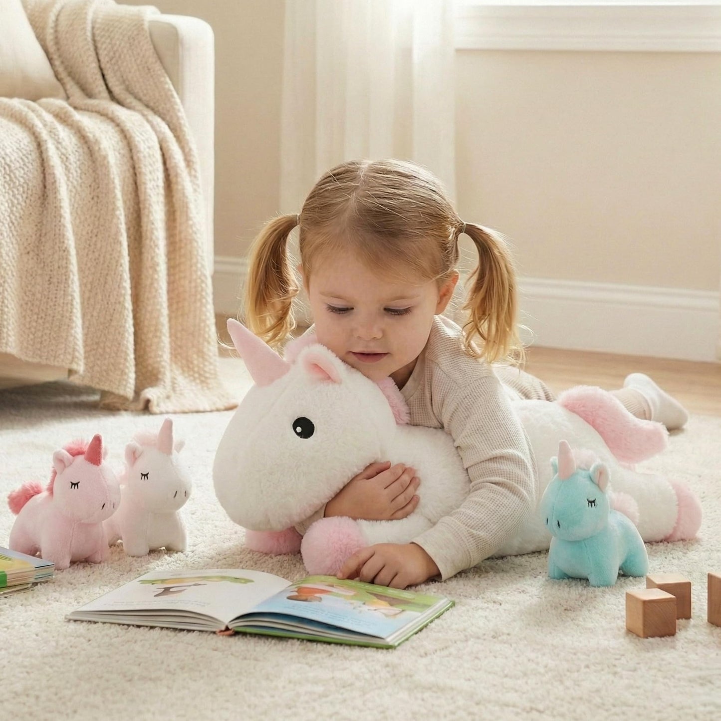 WEIGEDU Unicorn Mother and Kids Plush Toy Stuffed Animals - 4 in 1 Plush Mommy Unicorn PlaySet with 3 Babies Unicorns, Set of 4, 18 inches