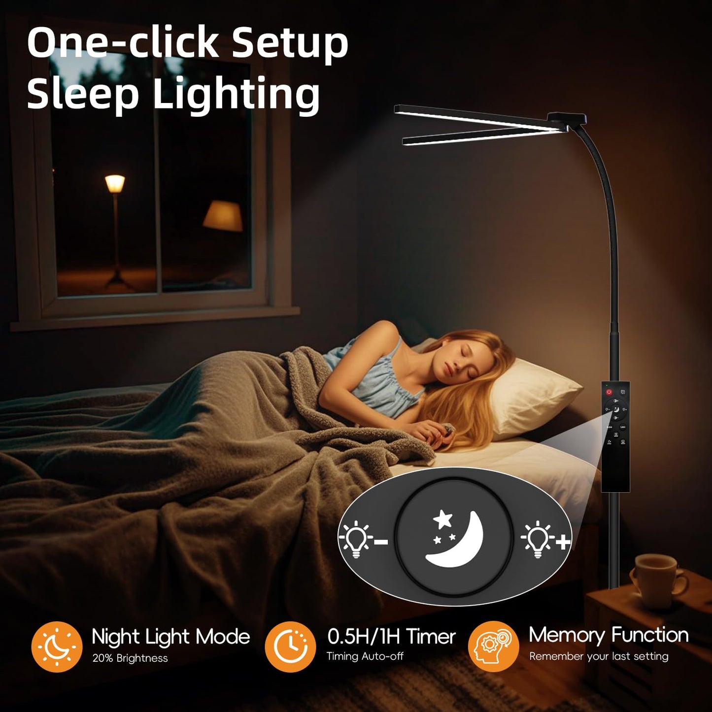 StarMoitic LED Floor Lamp for Living Room, 24W/2400LM Super Bright Dual Head Floor Lamp with Remote & Touch Control, Dimmable Reading Lamp with Adjustable Panels for Bedroom, Office, Craft & Sewing