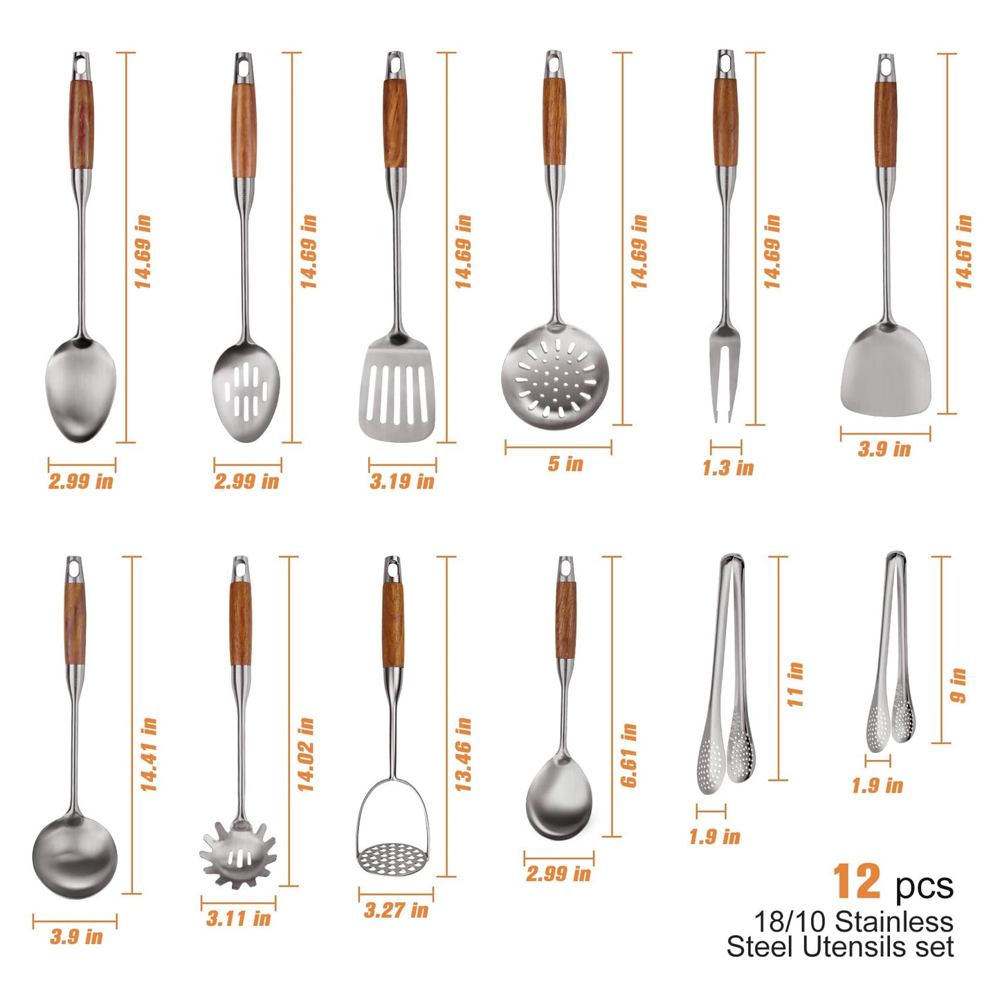 304 Stainless Steel Kitchen Utensils Set with Wooden Handle,12 Pcs Long Heat Resistant Metal Cooking Utensils Set,Spatula, Ladle, Skimmer, Spaghetti Spoon,Tongs,Potato Masher
