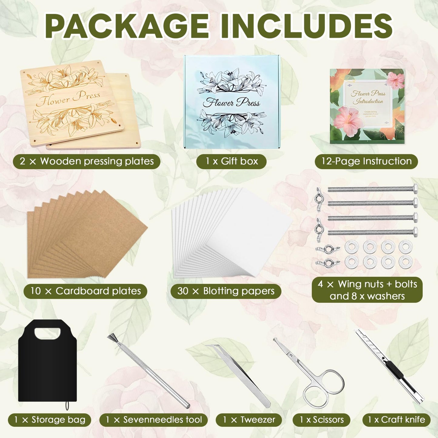 GTQYYF Premium Flower Press Kit, 11" x 11" Large Wooden Plant Press for Bouquet Preservation, 10-Layer Professional Press with Complete Tools & Storage Bag for Botanical Art & DIY Crafts