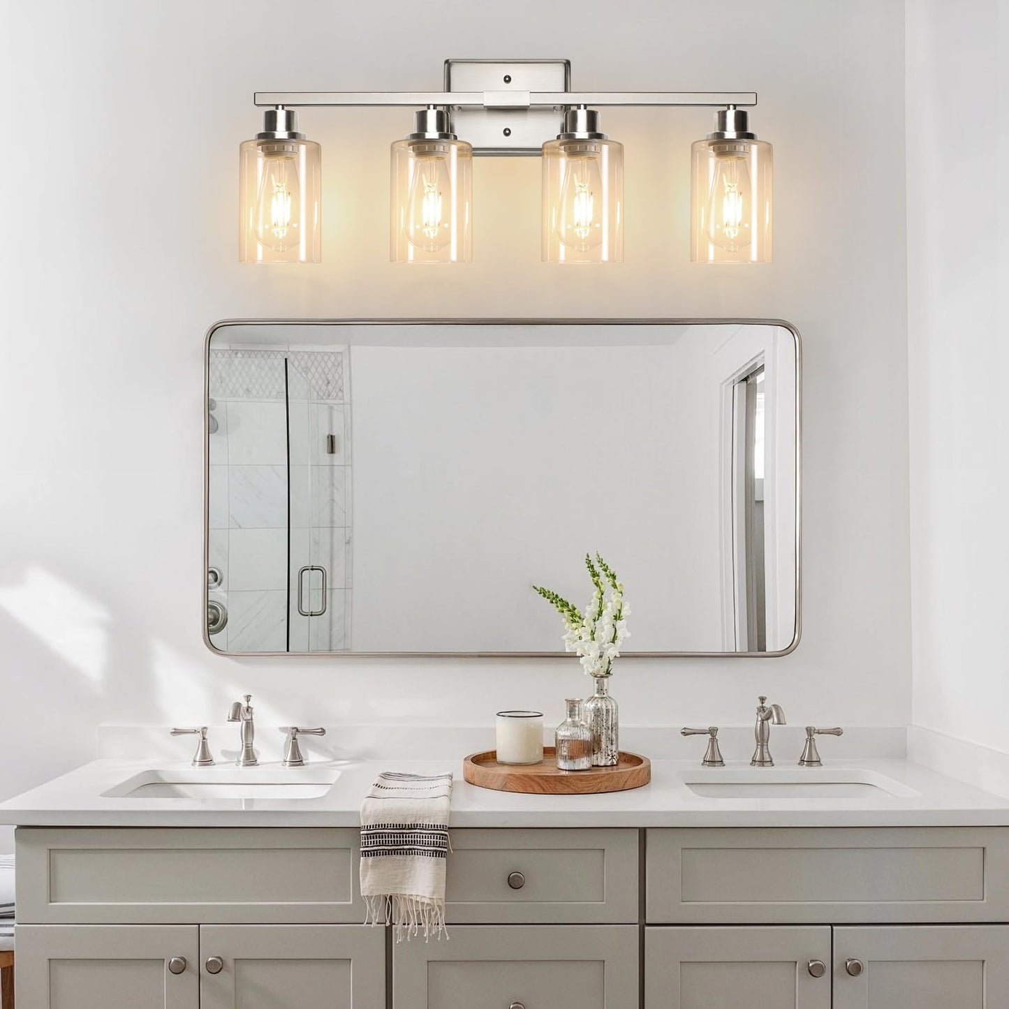 Ascher Bathroom Light Fixtures, 4-Light Vanity Lights with Clear Glass Shade, Modern Brushed Nickel Wall Light for Mirror Bedroom Hallway Cabinet Porch