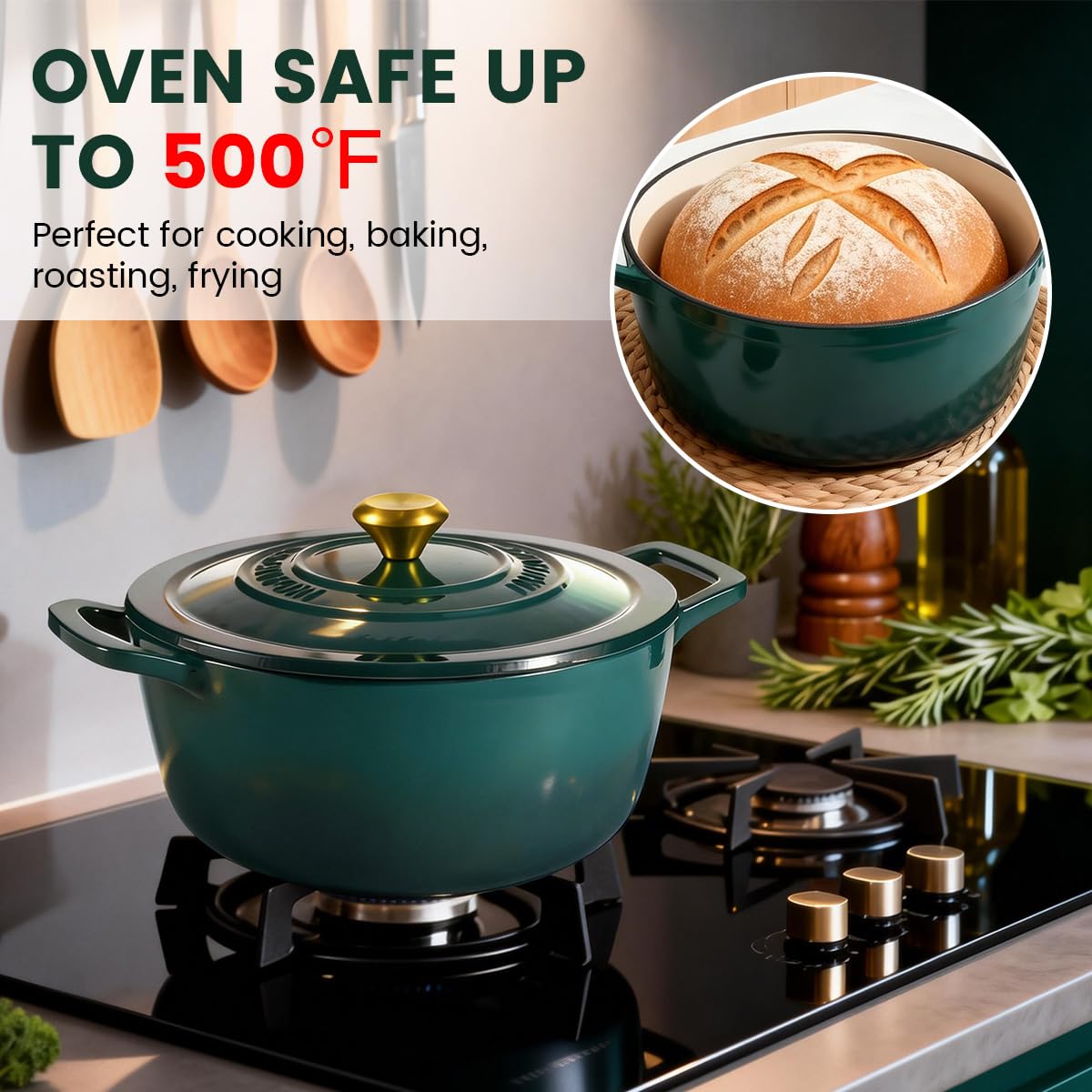 Cast Iron Dutch Oven with Lid - JINCHUFURI Enameled Cast Iron Dutchs Oven 5 Qt enamel dutch ovens Pot Heavy-Duty Cookware for Sourdough Bread Baking,Stews, Roasting,Braising(Green)