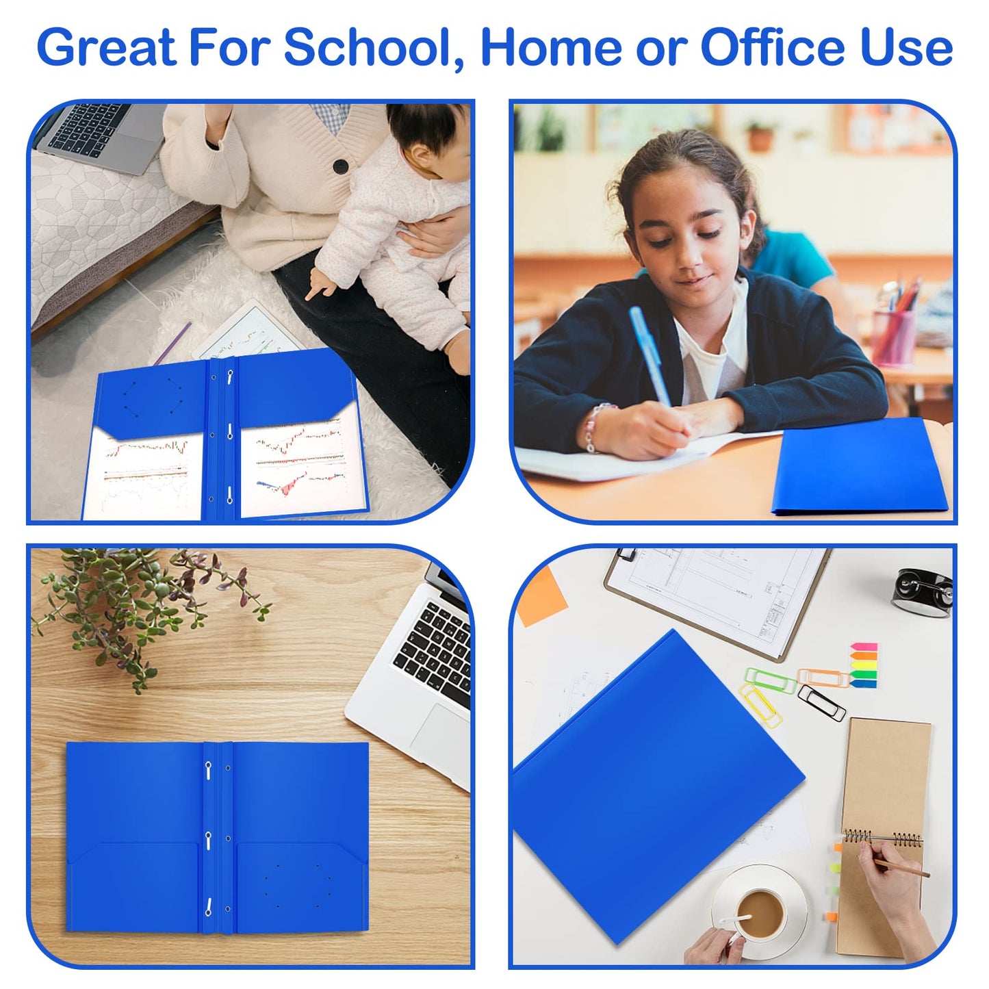 Heavy Duty Plastic Folder, 60 Pack, Pocket Folder with brads, Letter Size Poly File, Plastic Folders with 3 Prongs Fasteners - Blue