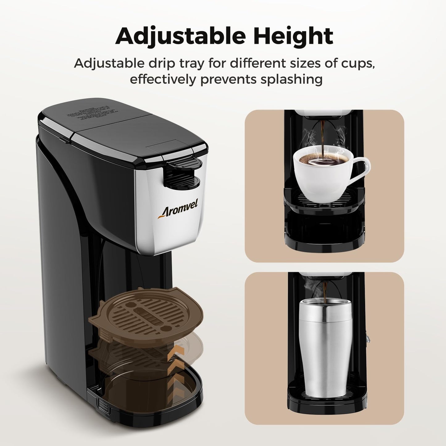 Aromvel 2-in-1 Single Serve Coffee Maker for K Cup Pods & Ground Coffee, 6 to 14 oz Brew Sizes, Compact Small Brewer with Dual Buttons, Adjustable Drip Tray for Travel Mugs, Silver