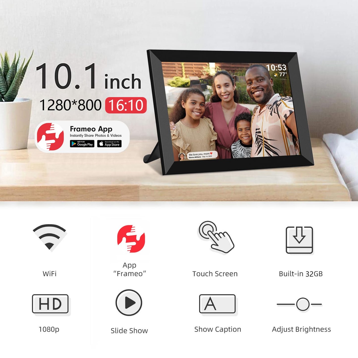 32GB FRAMEO 10.1 inch WiFi Digital Picture Frame 1280x800 HD IPS Touch Screen Smart Cloud Photo Frame, Auto-Rotate, Wall Mountable, Easy Setup to Share Photos or Videos via Frameo