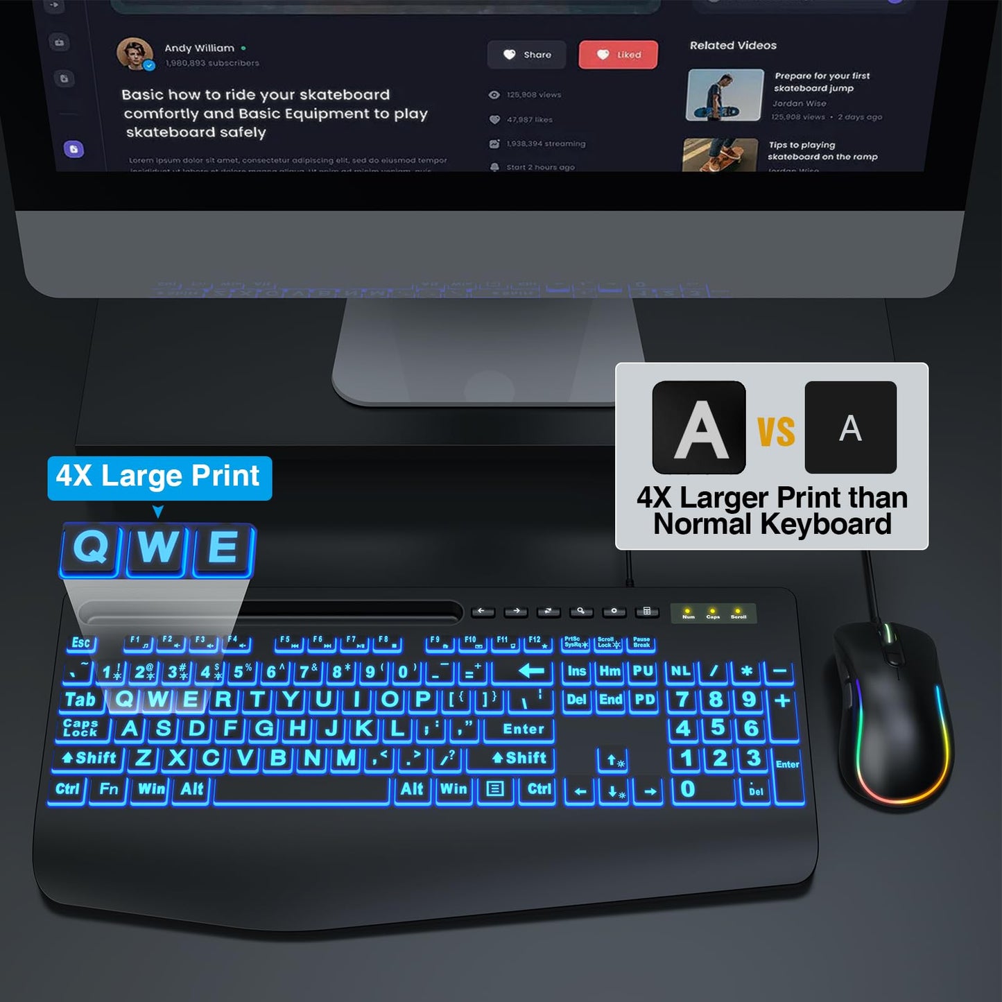 Wired Keyboard and Mouse, Large Print Backlit Keyboard with Wrist Rest and 7-Color Backlit, Lighted Computer Keyboards Easy to See, Light Up USB Keyboard Mouse Combo for PC, Windows, Laptop SABLUTE