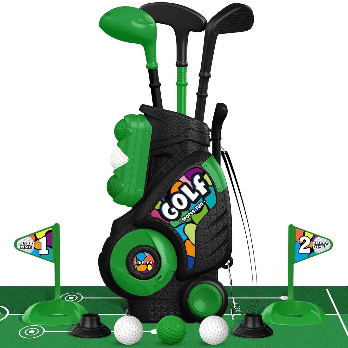 Liberry Toddler Golf Set with Putting Mat for Boys Girls Age 2 3 4, Upgraded Kids Golf Cart with Shoulder Strap Design, Outdoor Indoor Sports Toys for Birthday Gift, Black