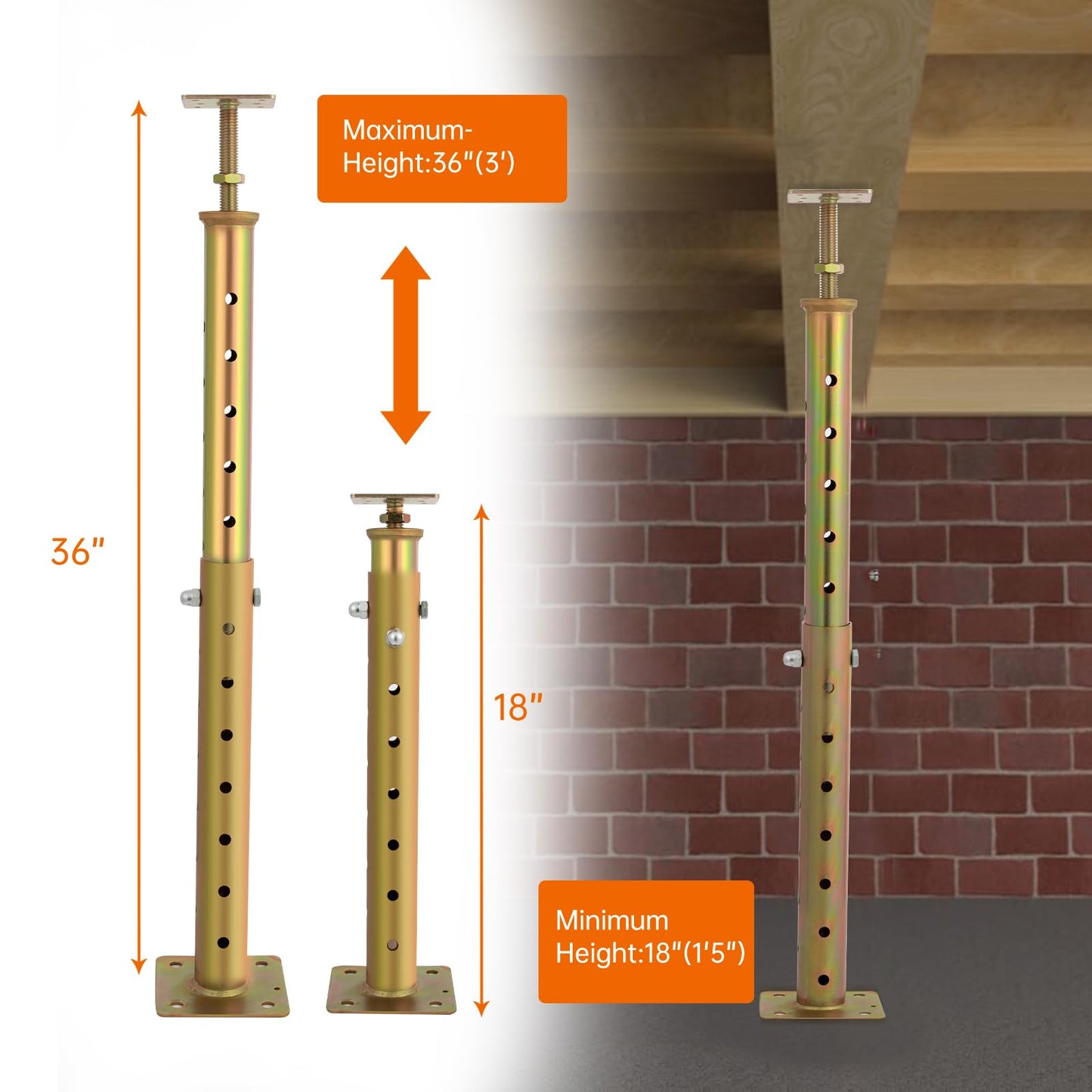 2 Pcs Adjustable House Floor Jacks, 18"-36”(1'5"-3') Height Range, Heavy Duty Support Joist Beam Basement Jack Post Pole for Leveling, Maximum Height Capacity 5570lbs, Galvanized