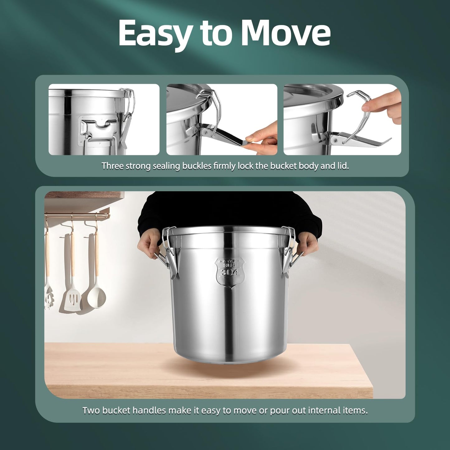 DYNAMI 5.5Gal 304 Stainless Steel Airtight Container with Lid and Locking Clamp,17-38Lbs Metal Bucket Stainless Steel Drum Large Canister for Kitchen,Dog Food/Bird Seed/Coffee Storage Container(21L)