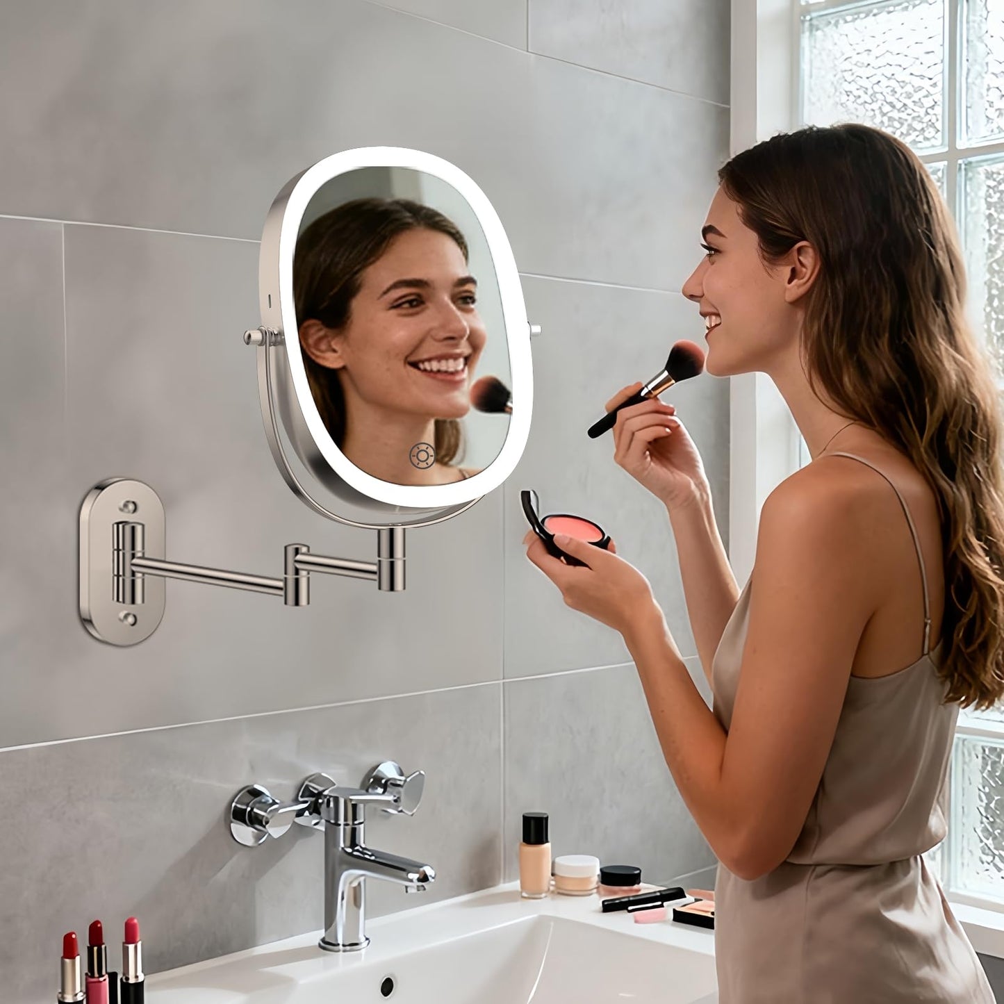FUNTOUCH 30X/1X Wall Mounted Lighted Makeup Mirror,5000mAh Rechargeable Double Sided Magnifying Bathroom Lighted Mirror, 3 Color Modes Touch Dimmable Extended Arm 360 Rotation, Brush Nickel