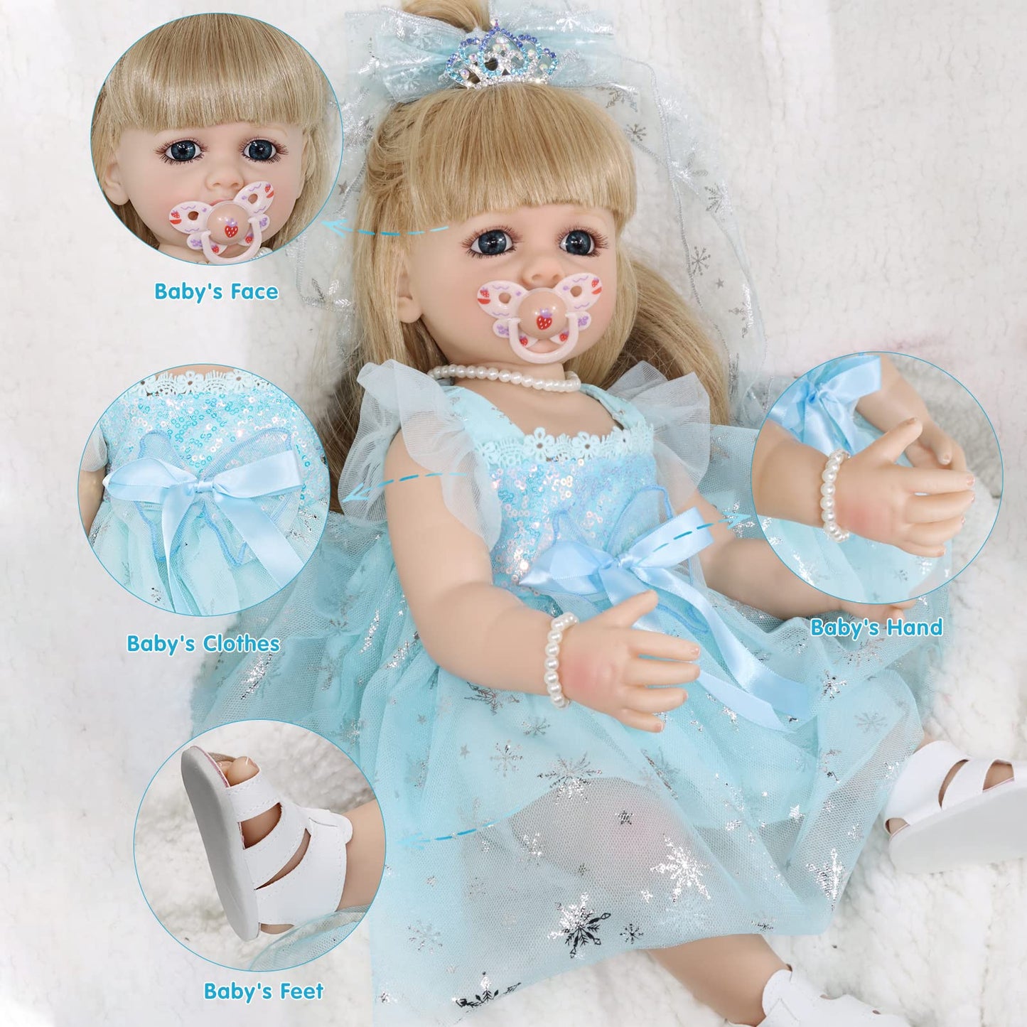 JRLCGYP Realistic Baby Doll, 22 Inch Lifelike Reborn Baby Dolls Silicone Full Body with Princess Dress, Long Hair Weighted Toddler Doll Toy Birthday Gift Set for Over 3 Years Old