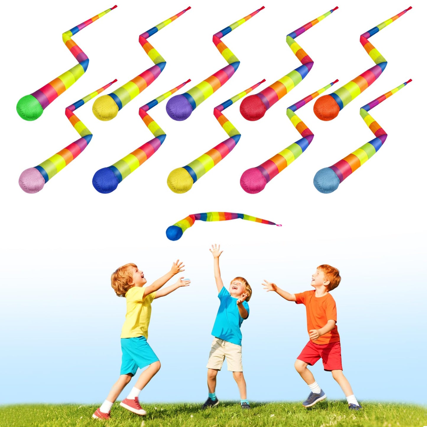 Wholelovein Rainbow Tail Shooting and Catching Balls 95cm Soft Toy for Kids Outdoor Learning Equipment Leisure Games 10 Pack