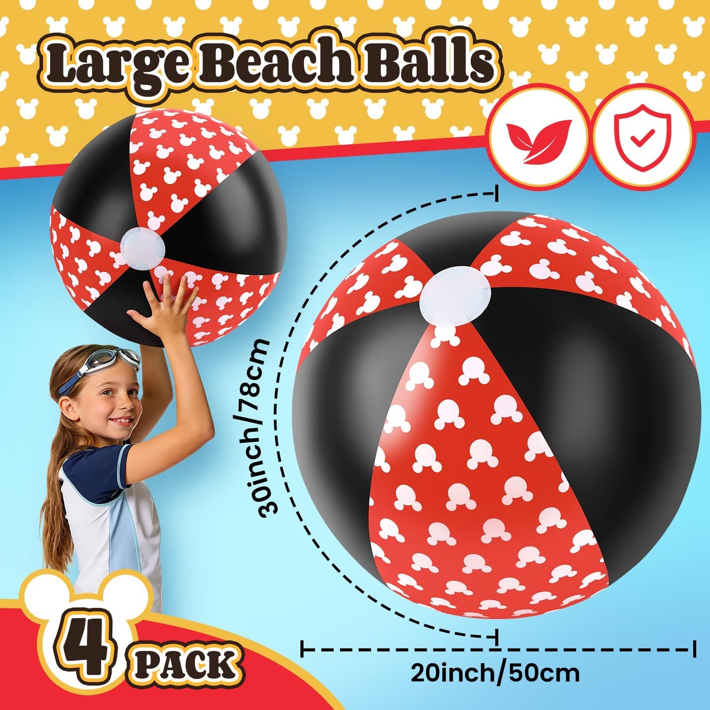 4 Pack 20-Inch Diameter Race Car Themed Beach Balls - Large Inflatable Black and White Checkered Beach Balls for Birthday Party Decorations, Summer Pool and Beach Game, and Bulk Party Favors