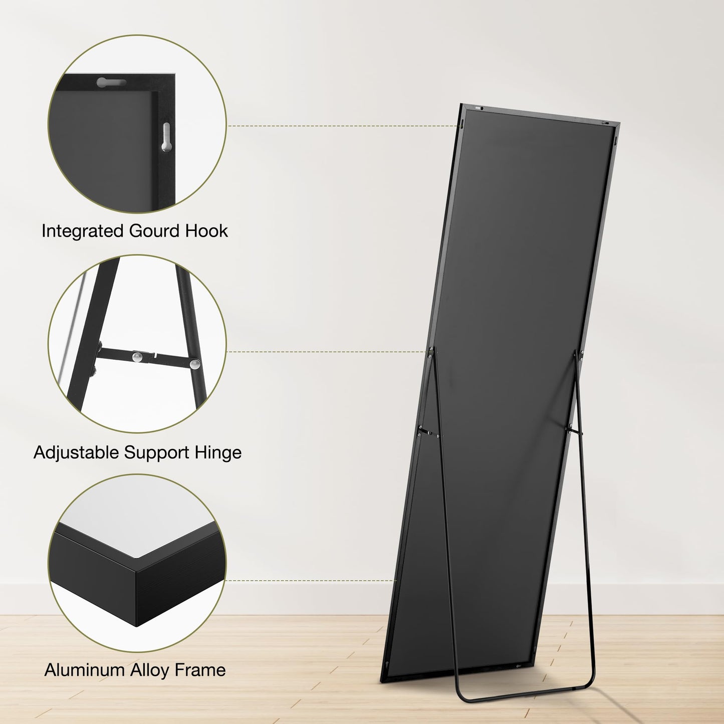 DUMOS Full Length Mirror 64"x21" Full Body Floor Mirrors for Bedroom or Cloakroom, Can Stand Alone, Hang or Lean Against Wall, Tall Wall Mirror with Stand, Black