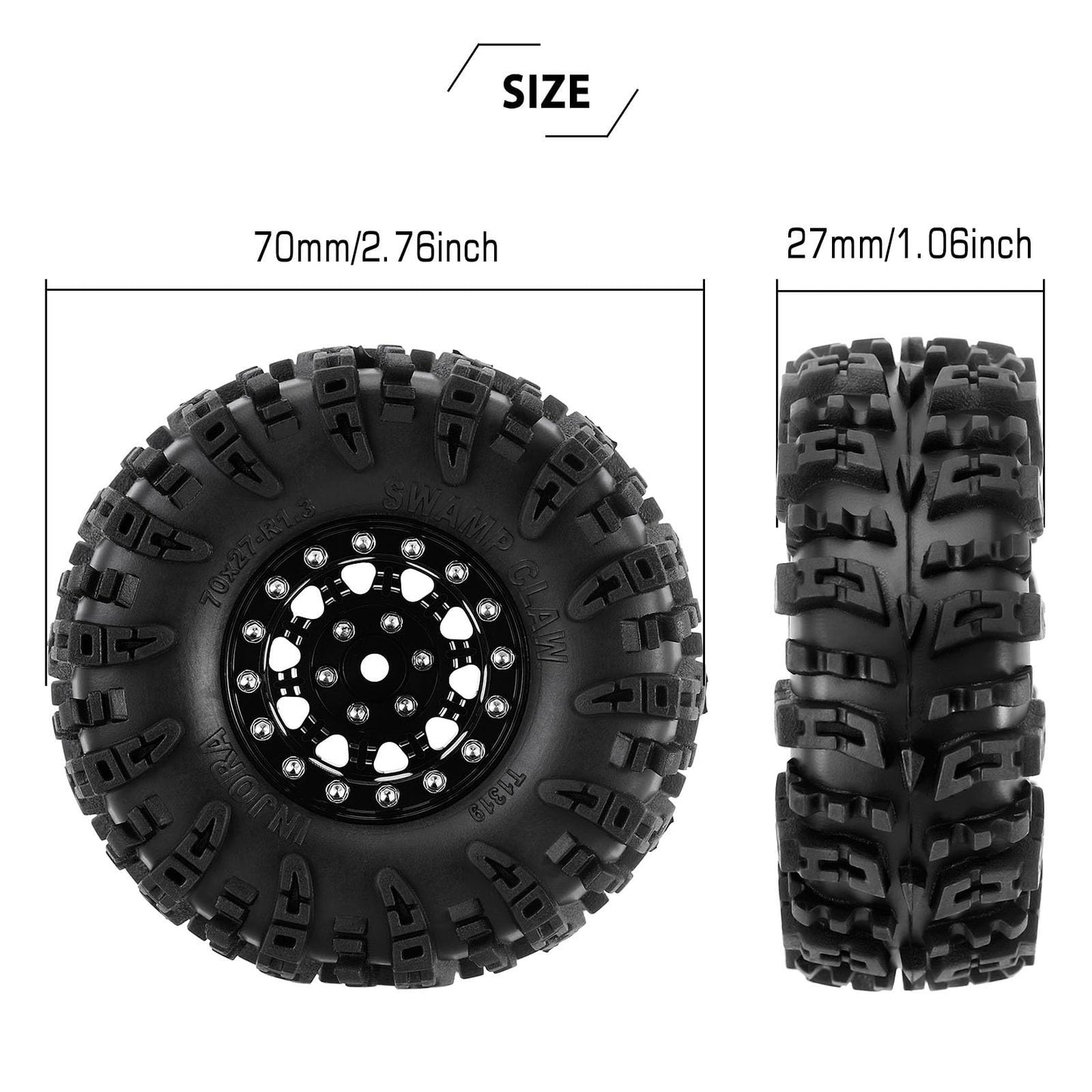 INJORA 1.3" Wheel Tires Set - S5 Swamp Claw Mud Terrain Tires and Aluminum Wheel for 1/18 1/24 SCX24 TRX4M Upgrade RC Crawler Car