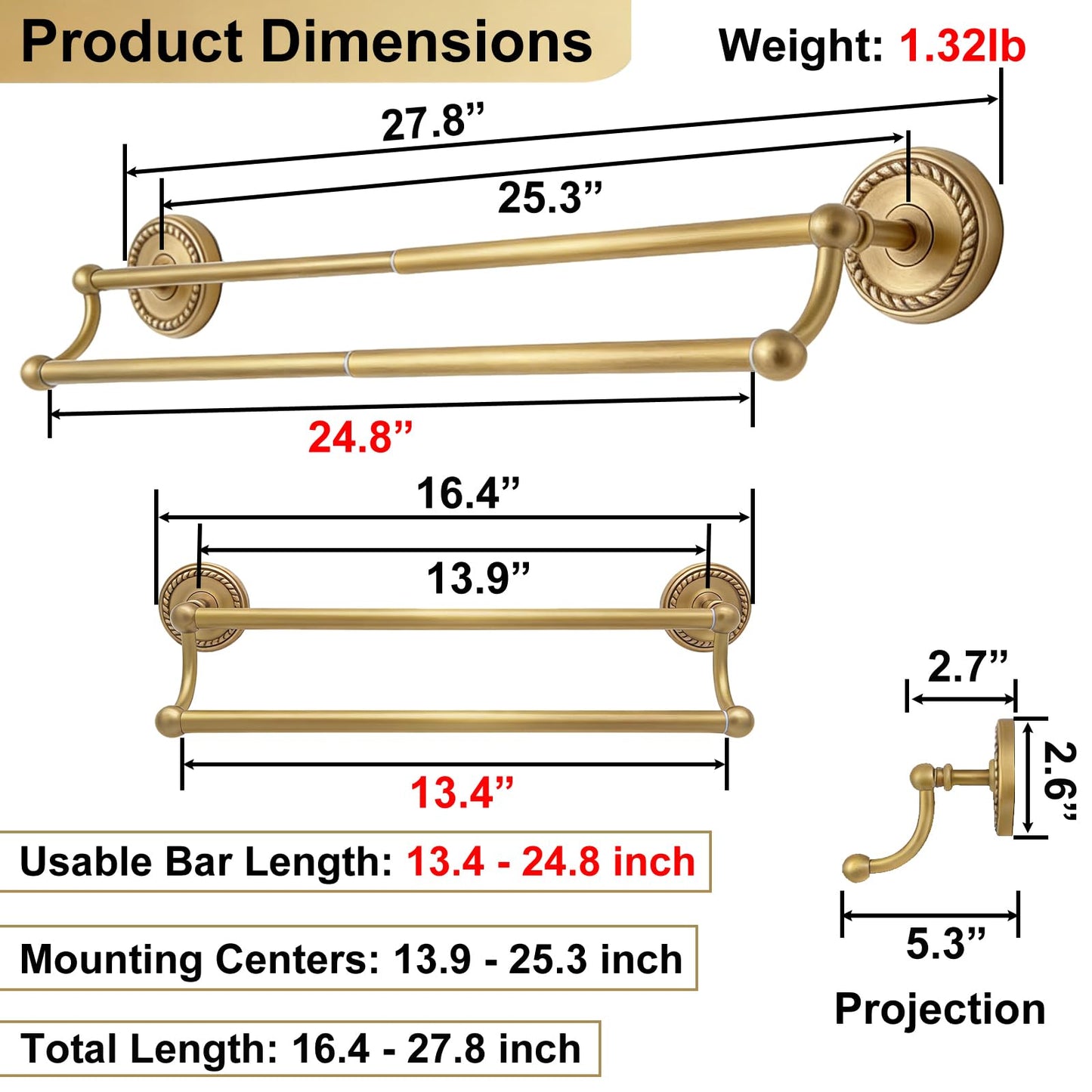 Double Towel Bar, Antique Brass Bathroom Towel Racks Wall Mounted, Adjustable Vintage Gold Towel Bar Fits 16.4 to 27.8 Inch Wall Space, Heavy Duty Rustproof Brass Towel Rod Holder for Kitchen Laundry