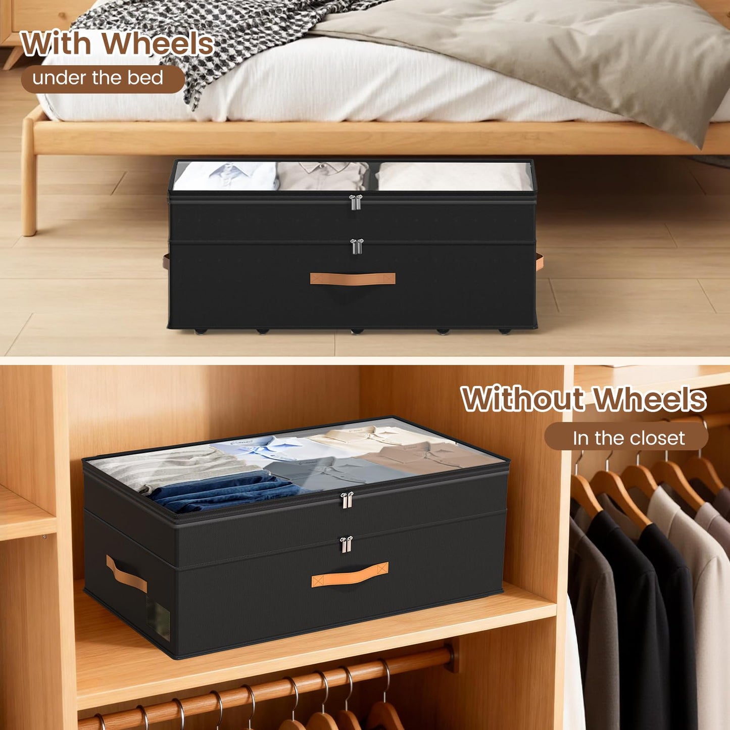Under Bed Storage with Wheels, 2-Pack Underbed Storage Containers, No Assemble 11 inches 90L XXL Large Adjustable Storage Bins with Clear Lids, Rolling Storage for Clothes, Shoes, Blankets, Black