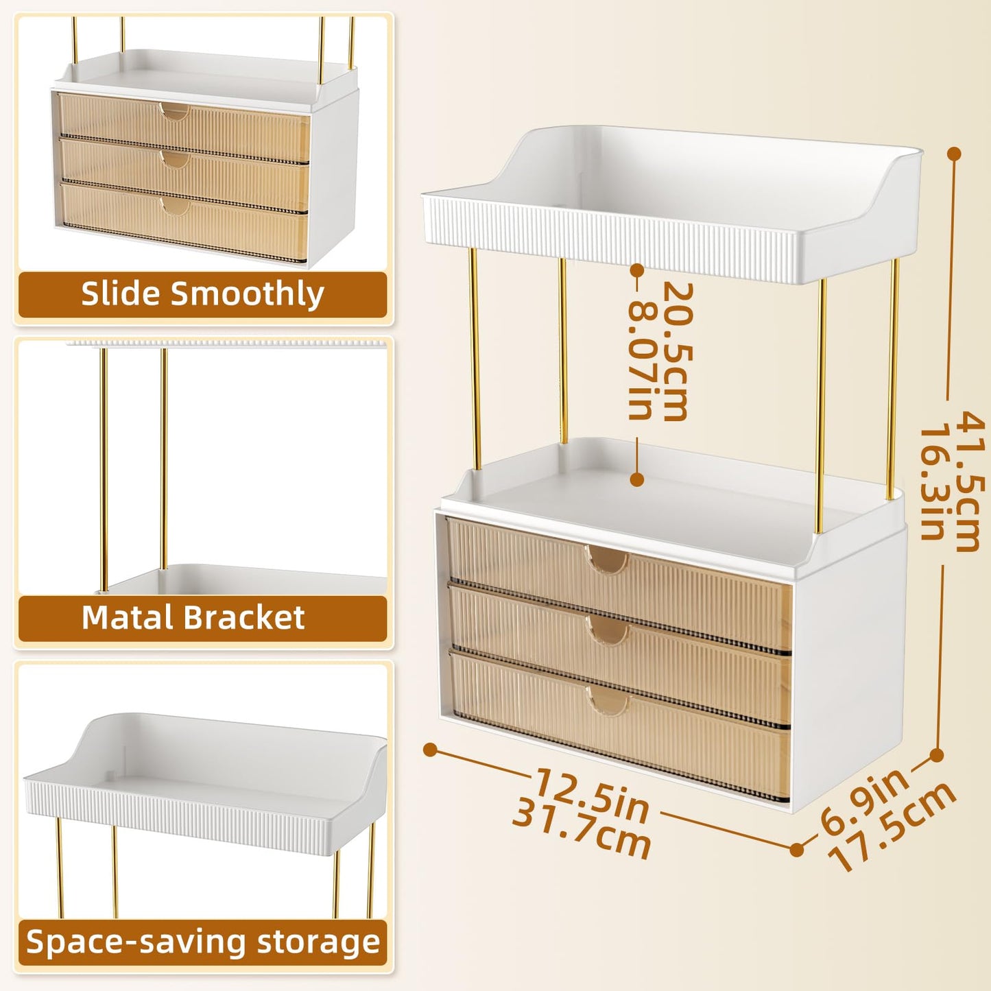 StorBin 2 Sets 6 Drawers Makeup Organizer – 5 Tier Bathroom Organizers and Storage, Versatile Perfume Vanity Organizer, Ideal for Cosmetic, Large Skincare, Face Mask, Office Supplies, Amber