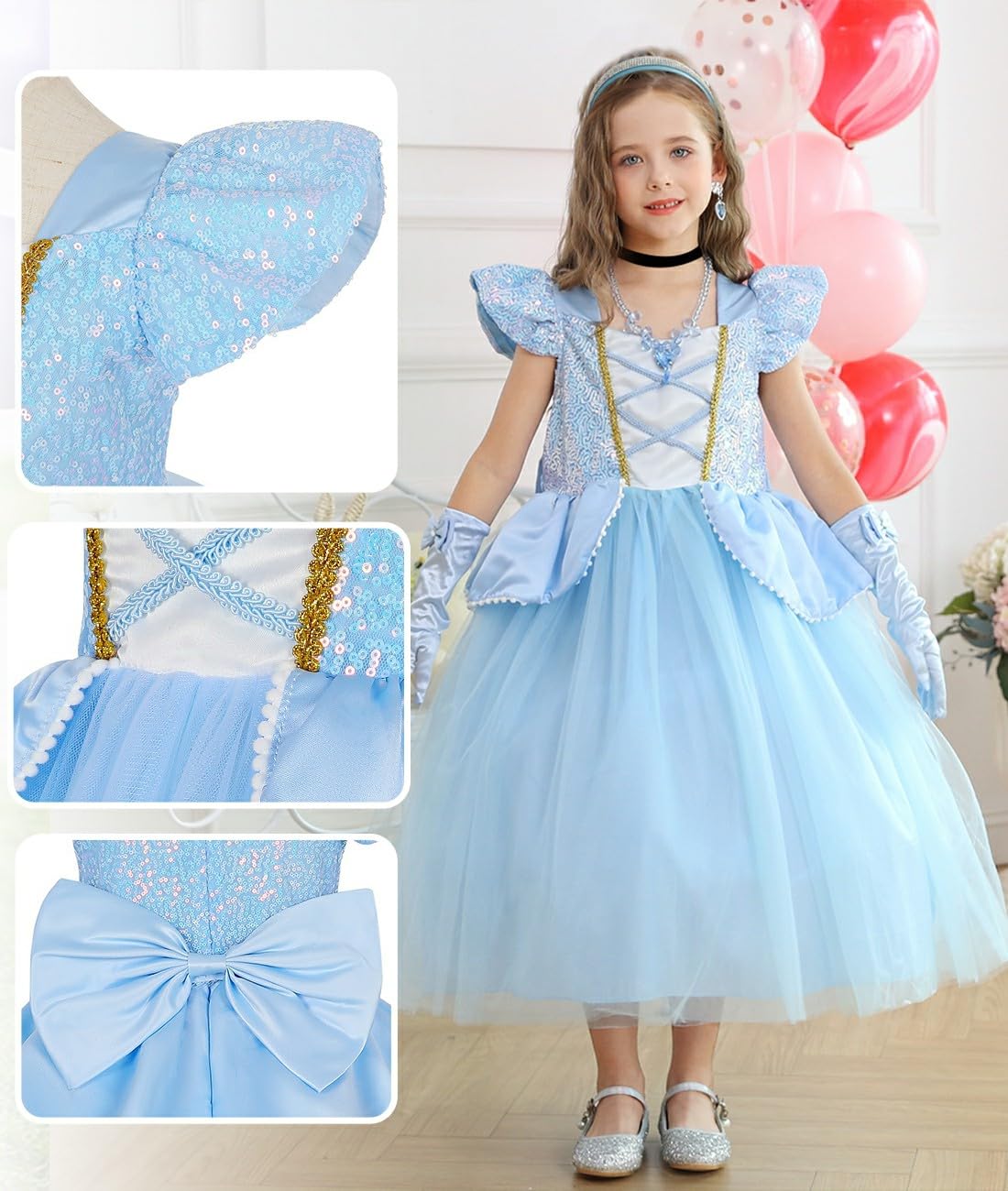 Luzlen Cinderella Costume for Girls Kids Blue Princess Dress with Accessories Halloween Birthday Party Outfits, 4-5T(Tag 120)